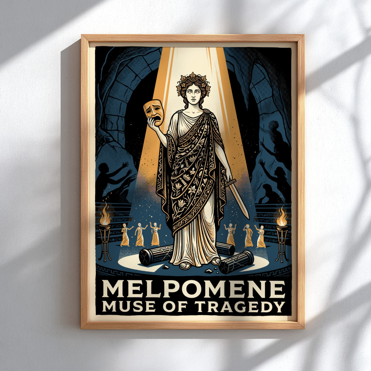 Poster of Melpomene holding a tragic mask in a golden spotlight against blue.