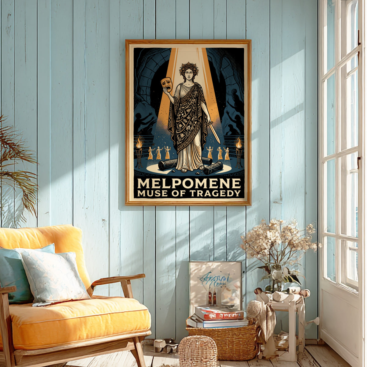 Poster of Melpomene holding a tragic mask in a golden spotlight against blue.