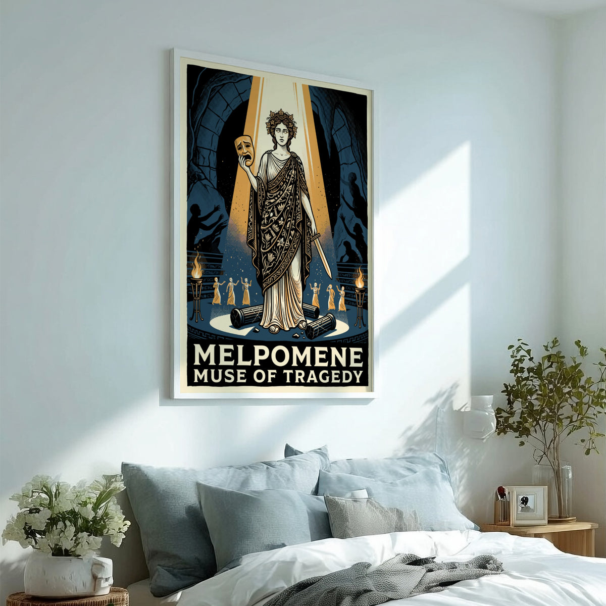 Poster of Melpomene holding a tragic mask in a golden spotlight against blue.