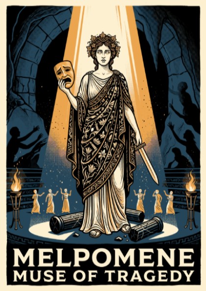 Poster of Melpomene holding a tragic mask in a golden spotlight against blue.