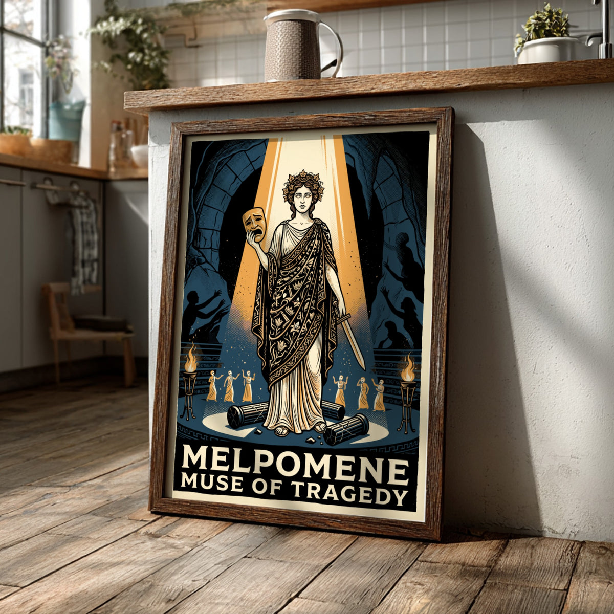 Poster of Melpomene holding a tragic mask in a golden spotlight against blue.