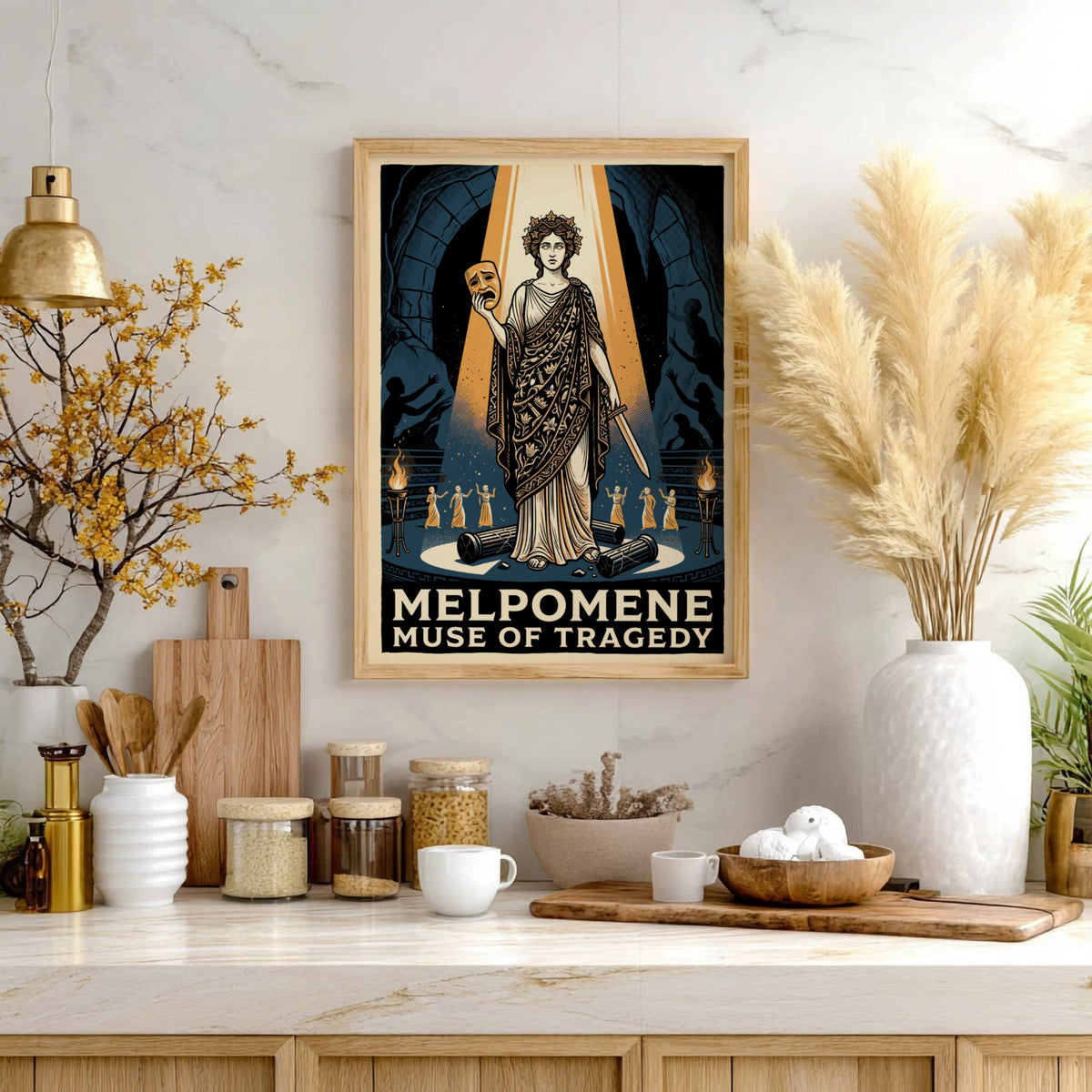 Poster of Melpomene holding a tragic mask in a golden spotlight against blue.