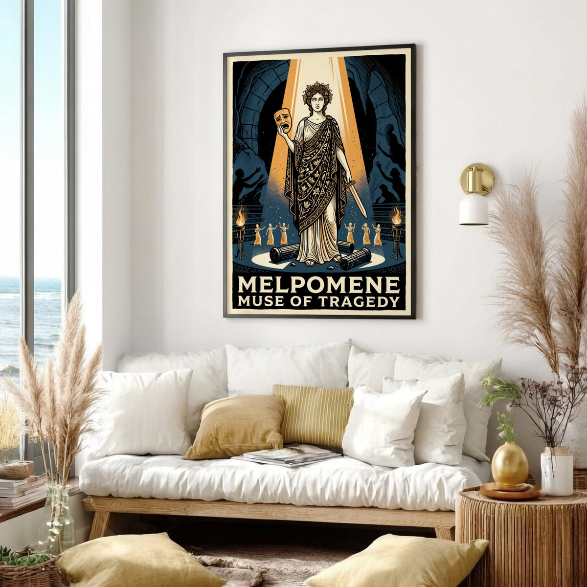 Poster of Melpomene holding a tragic mask in a golden spotlight against blue.