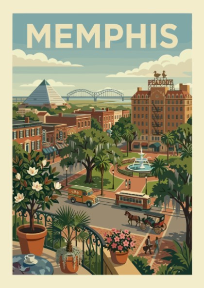 Vintage Memphis cityscape art print with pyramid, Peabody Hotel, trolley, and horse carriage in retro style.