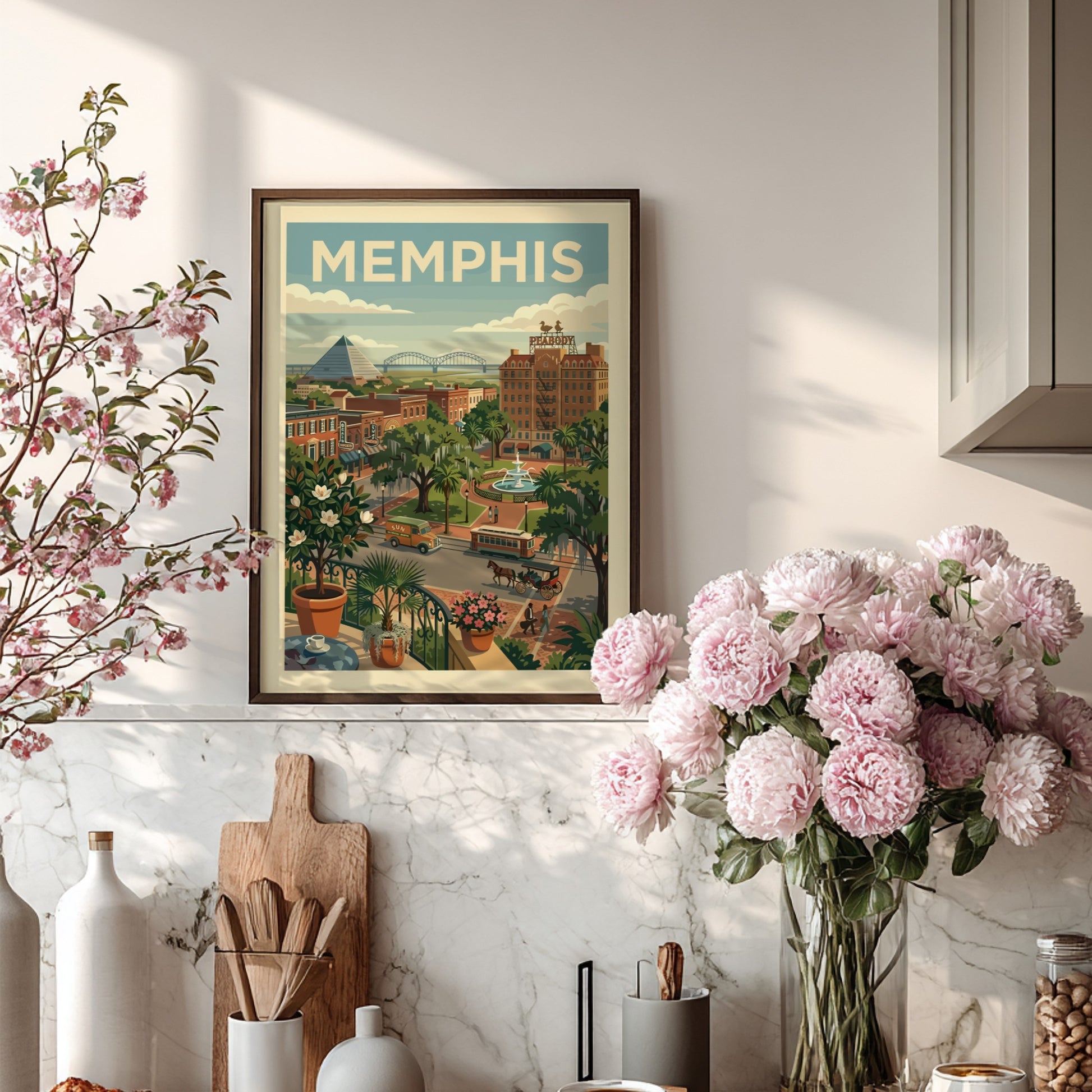 Vintage Memphis cityscape art print with pyramid, Peabody Hotel, trolley, and horse carriage in retro style.