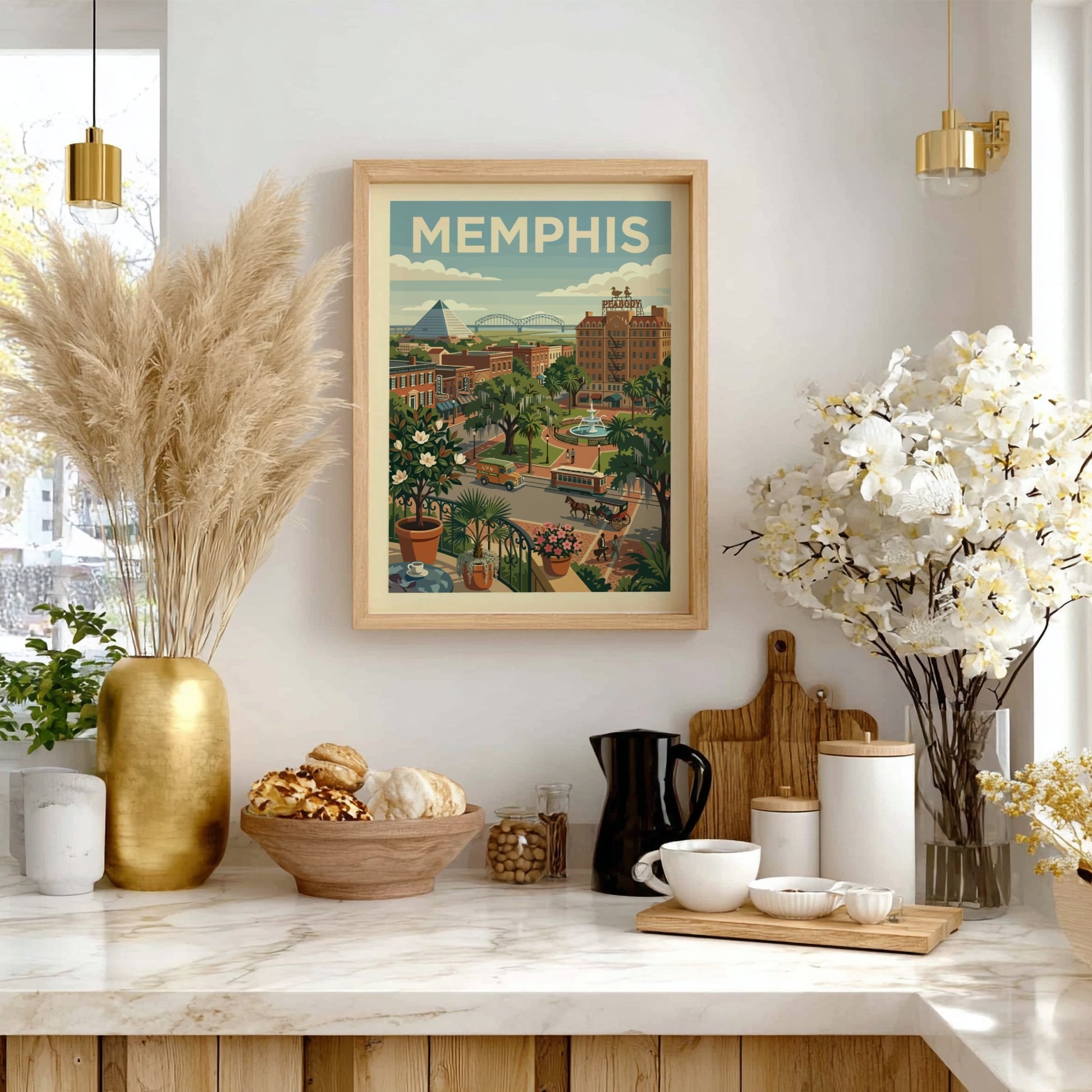 Vintage Memphis cityscape art print with pyramid, Peabody Hotel, trolley, and horse carriage in retro style.