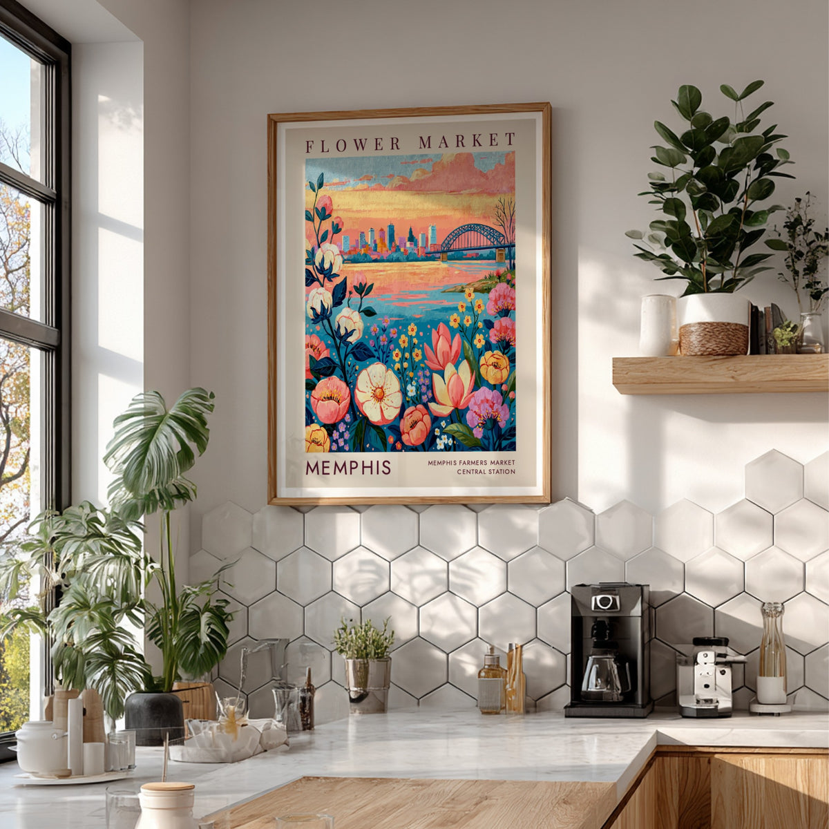 Flower market poster featuring vibrant colors and cityscape elements in a botanical art style