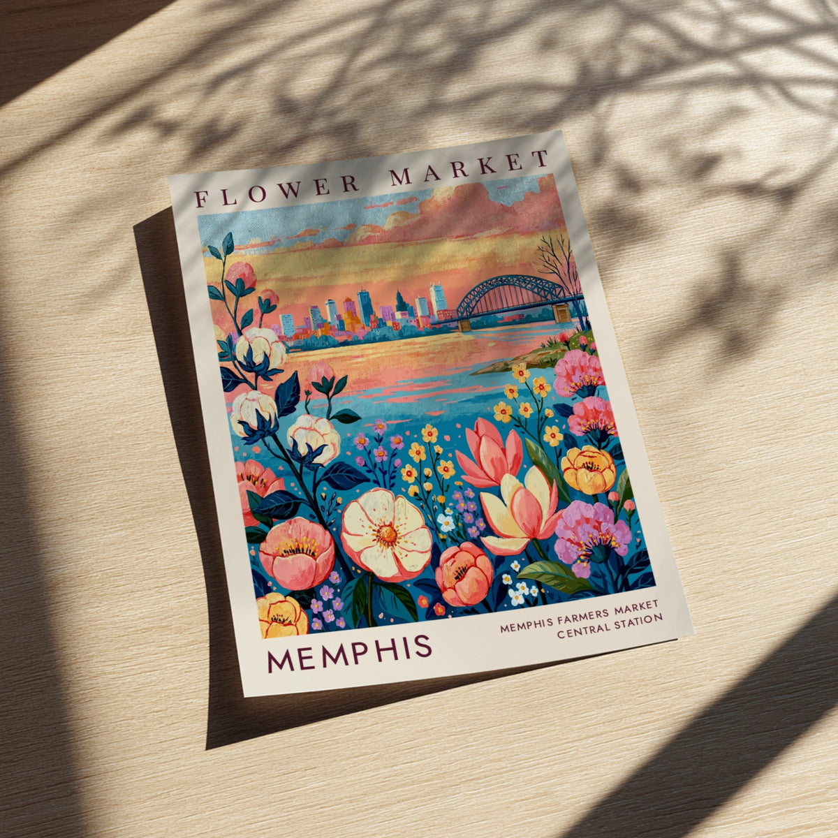 Flower market poster featuring vibrant colors and cityscape elements in a botanical art style