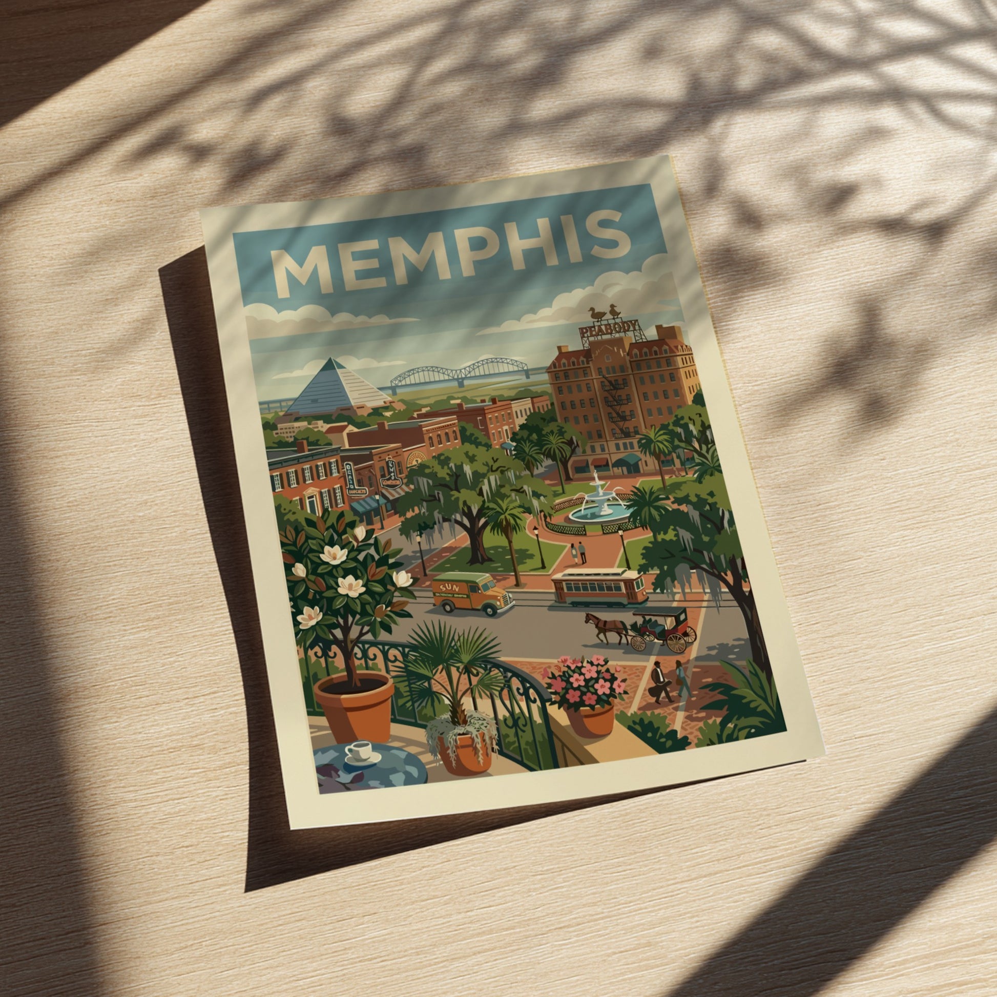 Vintage Memphis cityscape art print with pyramid, Peabody Hotel, trolley, and horse carriage in retro style.