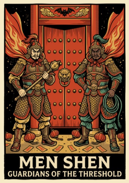 Poster featuring two traditional Chinese Men Shen door gods in golden armor