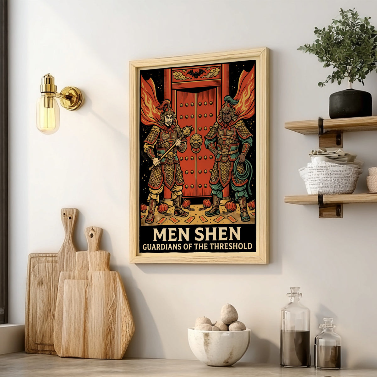 Poster featuring two traditional Chinese Men Shen door gods in golden armor