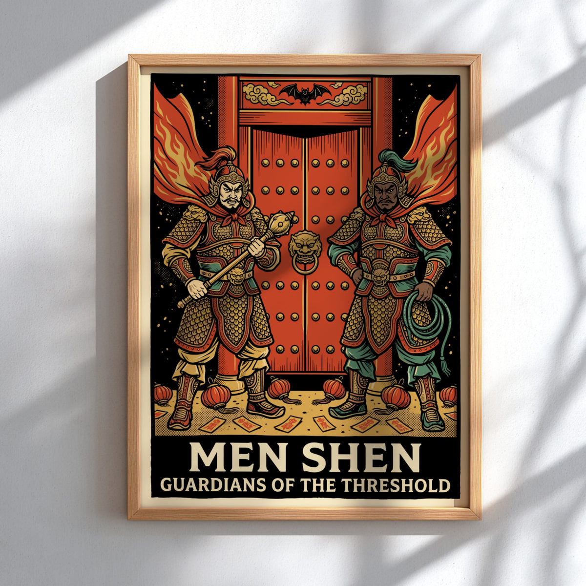 Poster featuring two traditional Chinese Men Shen door gods in golden armor