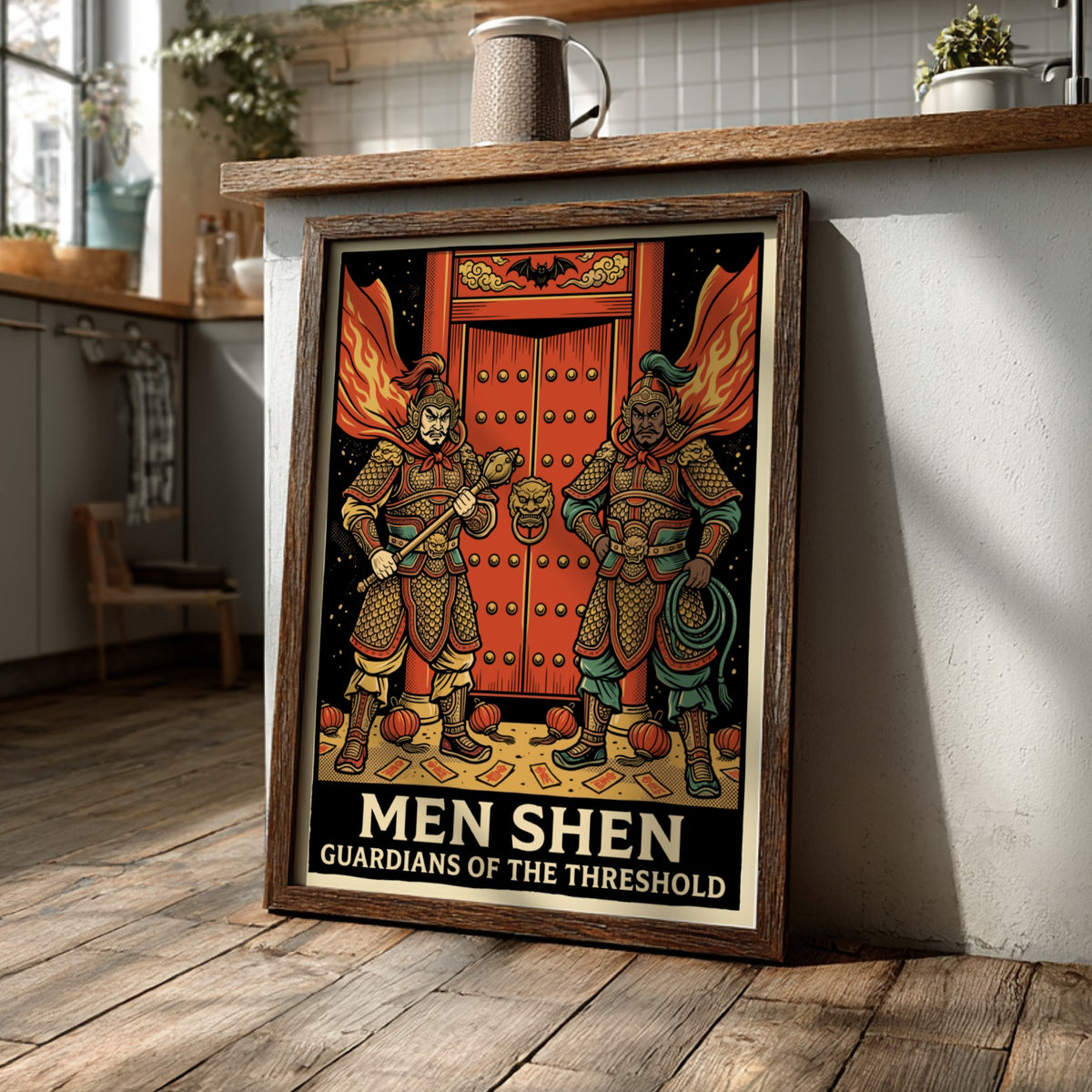 Poster featuring two traditional Chinese Men Shen door gods in golden armor