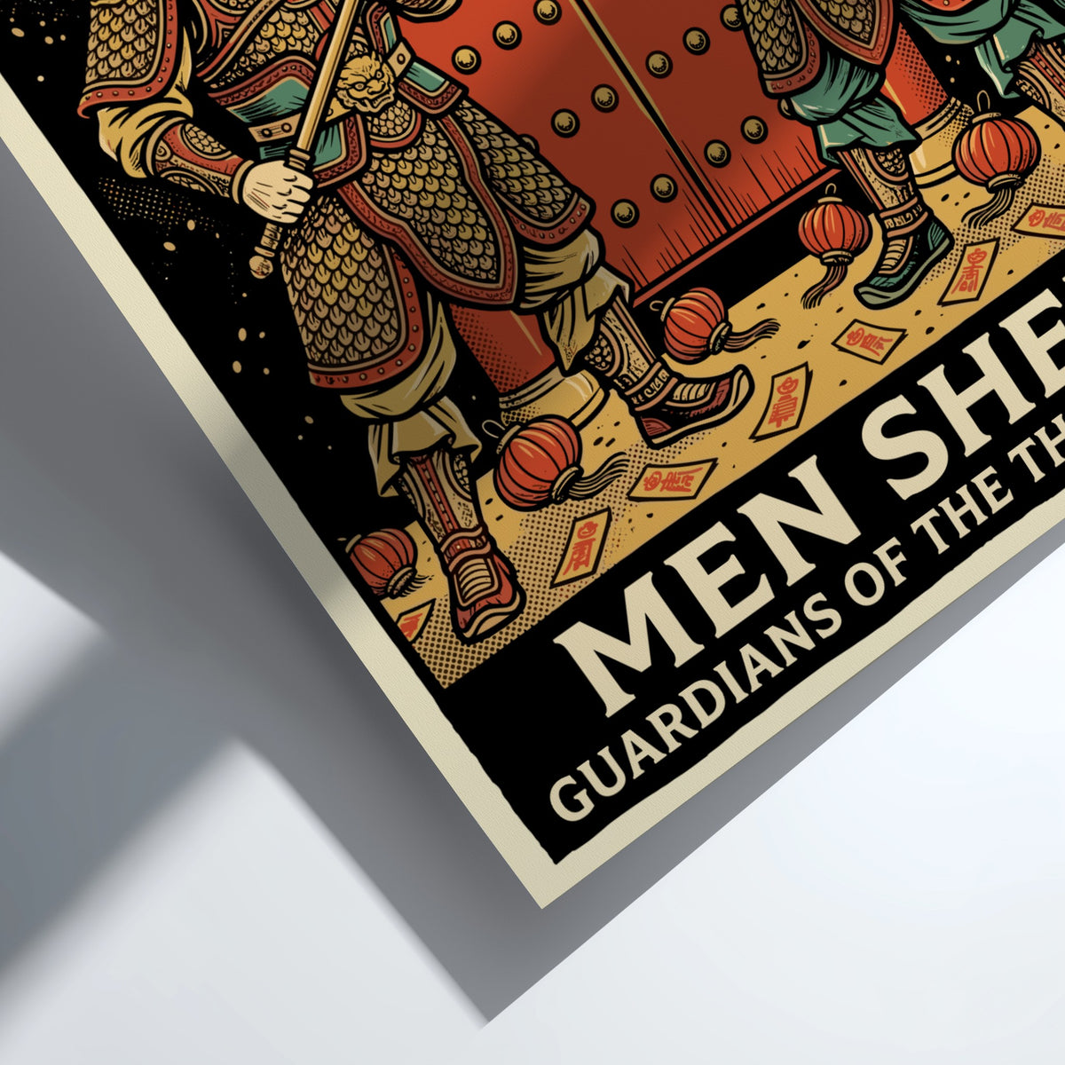 Poster featuring two traditional Chinese Men Shen door gods in golden armor
