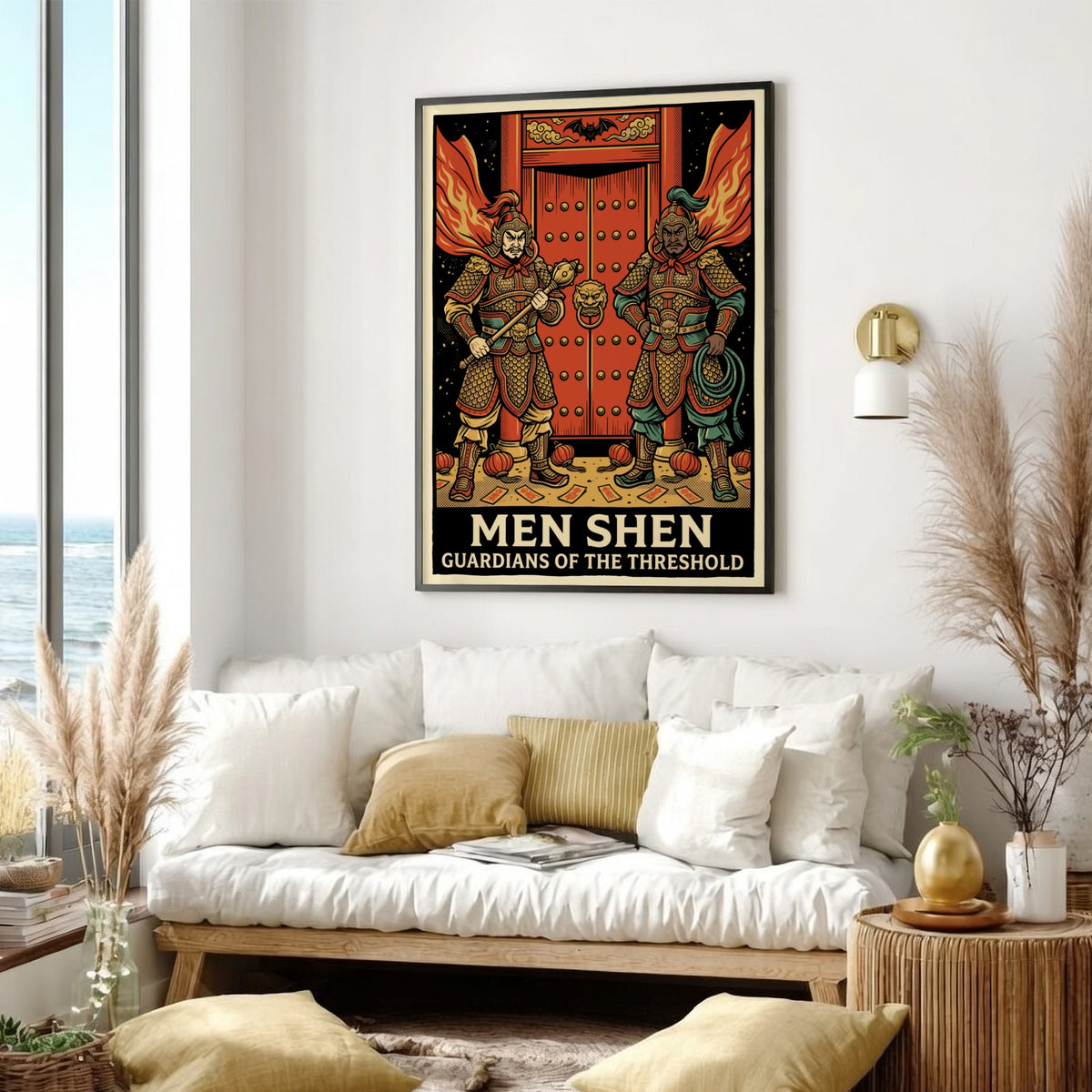 Poster featuring two traditional Chinese Men Shen door gods in golden armor