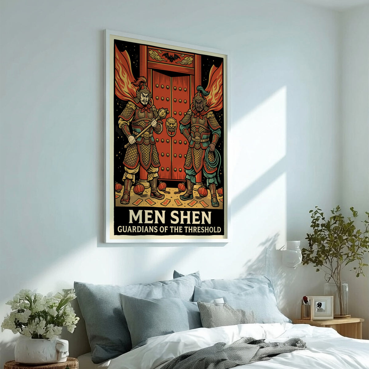 Poster featuring two traditional Chinese Men Shen door gods in golden armor