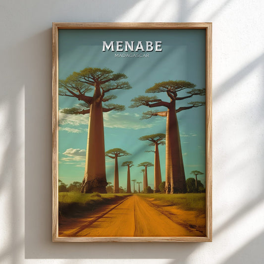 Framed artwork of a scenic landscape with tall trees and a road, labeled 'Menabe Madagascar'.