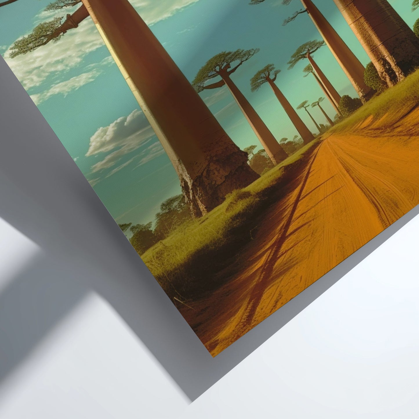 Stylized landscape with tall trees and a path on a white background