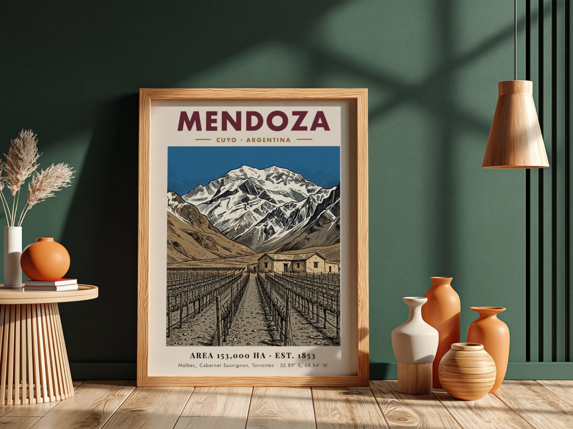 Poster of the Mendoza wine region in Argentina with mountains and vineyard rows