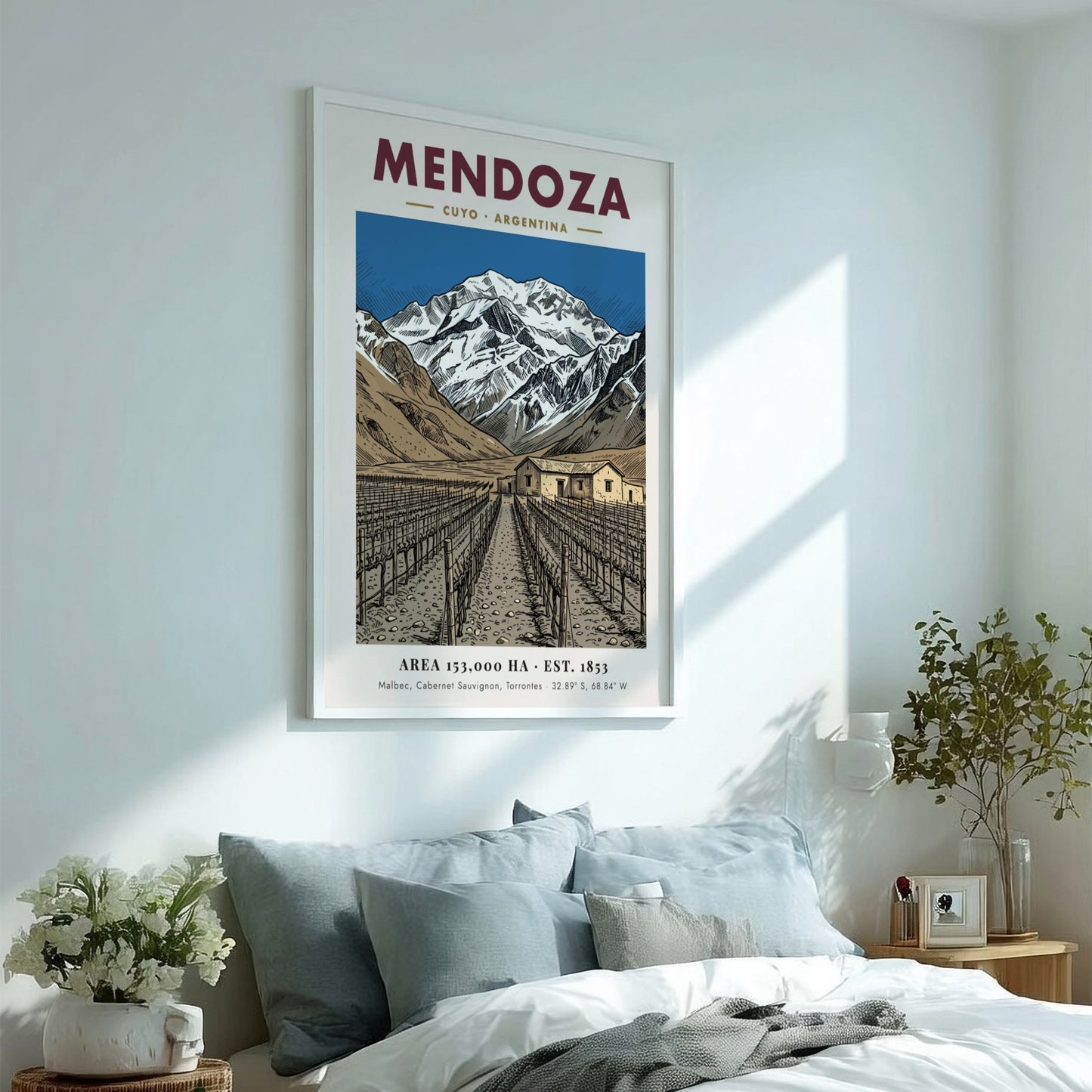 Poster of the Mendoza wine region in Argentina with mountains and vineyard rows