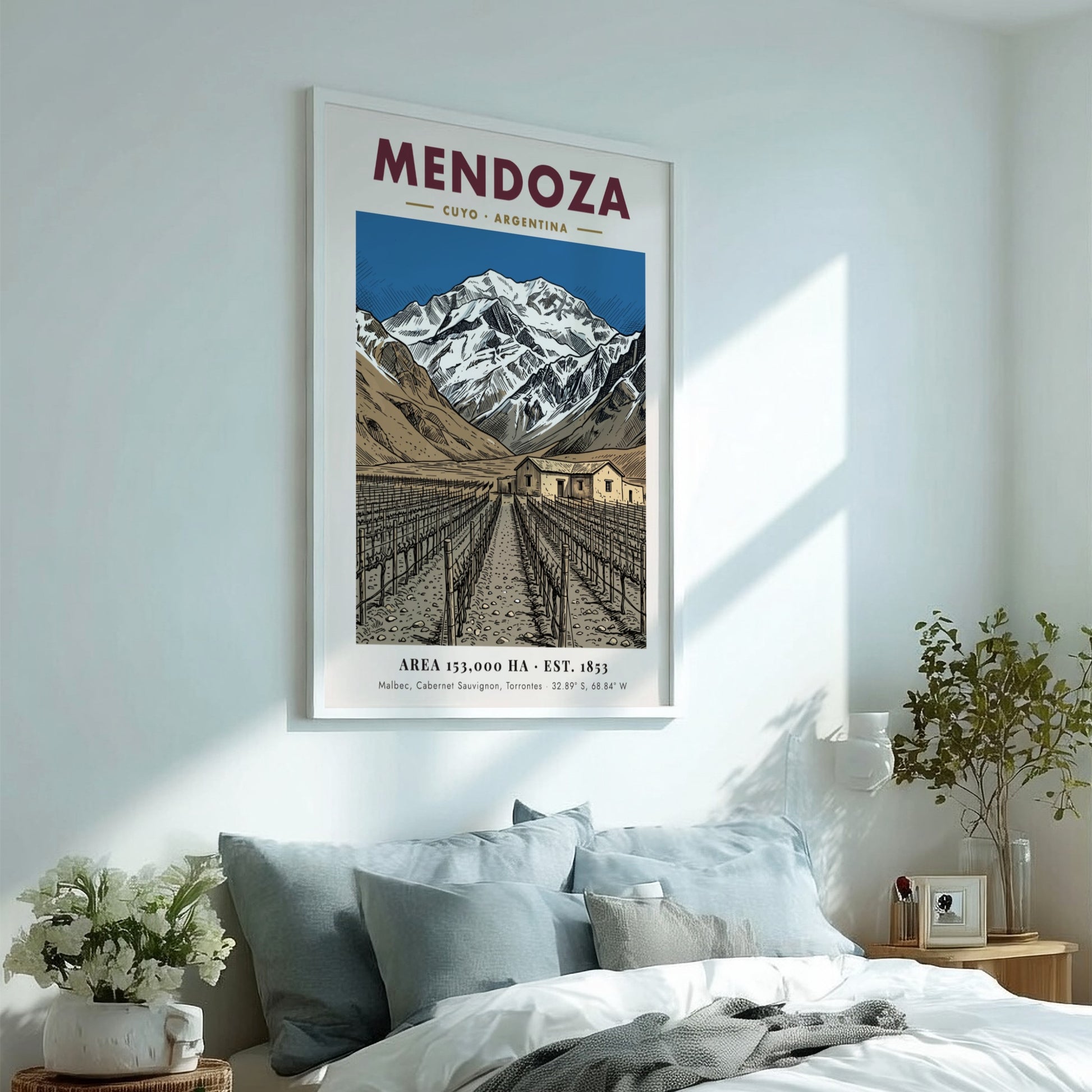 Poster of the Mendoza wine region in Argentina with mountains and vineyard rows