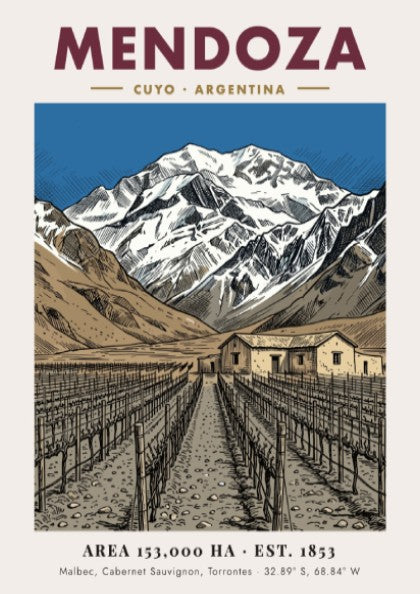 Poster of the Mendoza wine region in Argentina with mountains and vineyard rows