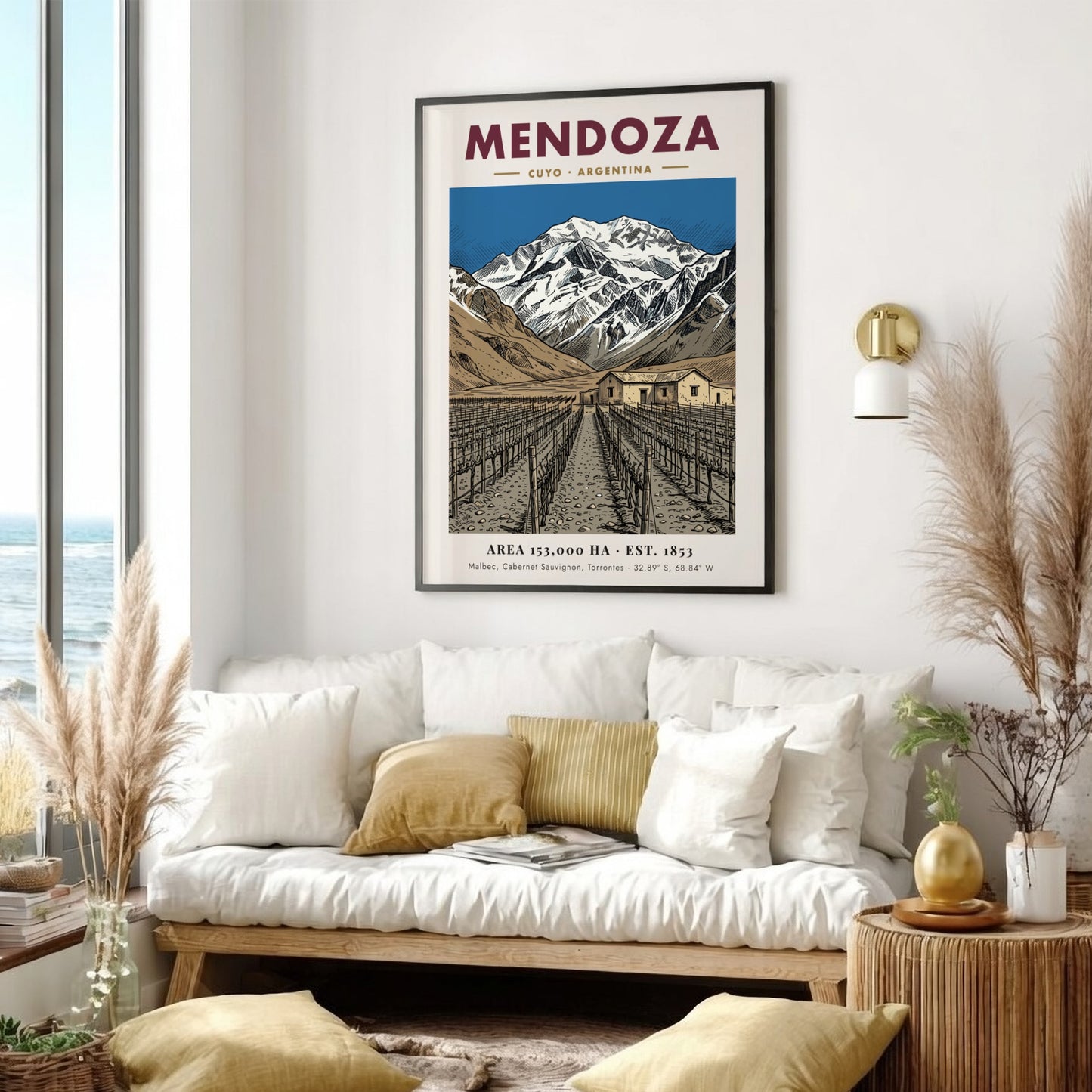 Poster of the Mendoza wine region in Argentina with mountains and vineyard rows