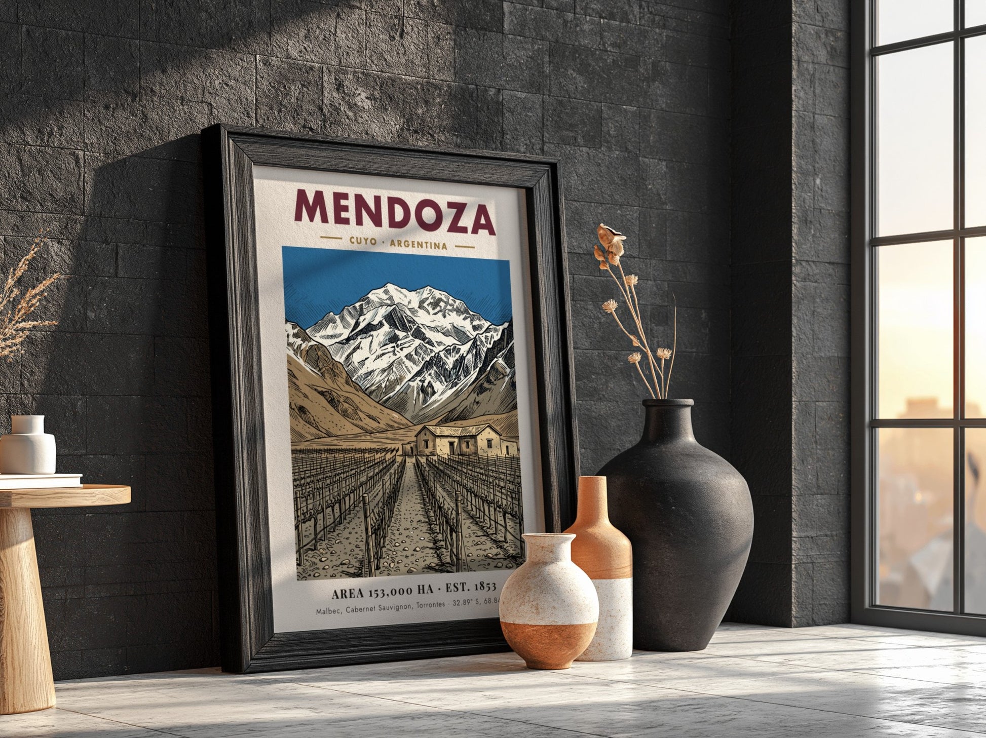Poster of the Mendoza wine region in Argentina with mountains and vineyard rows