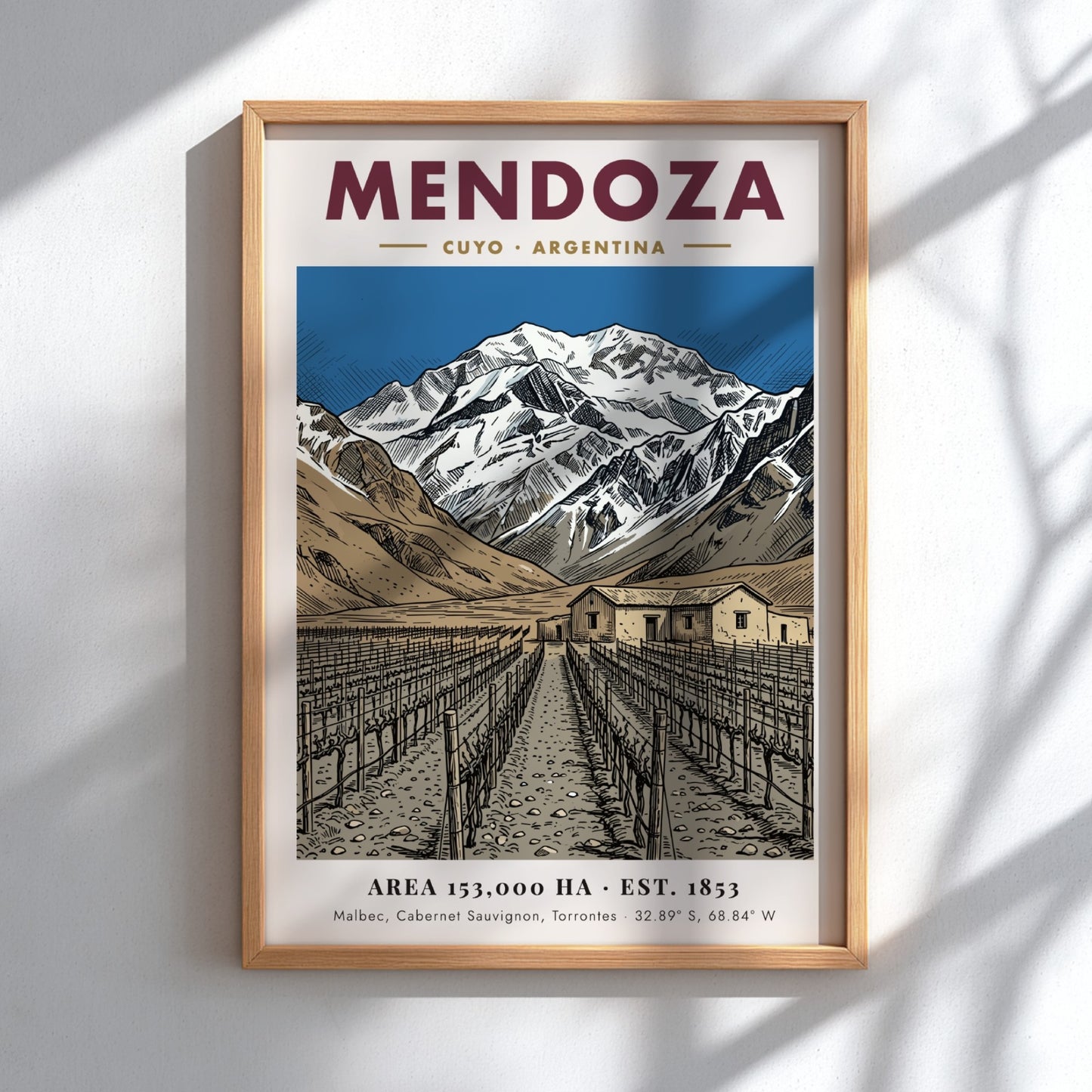 Poster of the Mendoza wine region in Argentina with mountains and vineyard rows