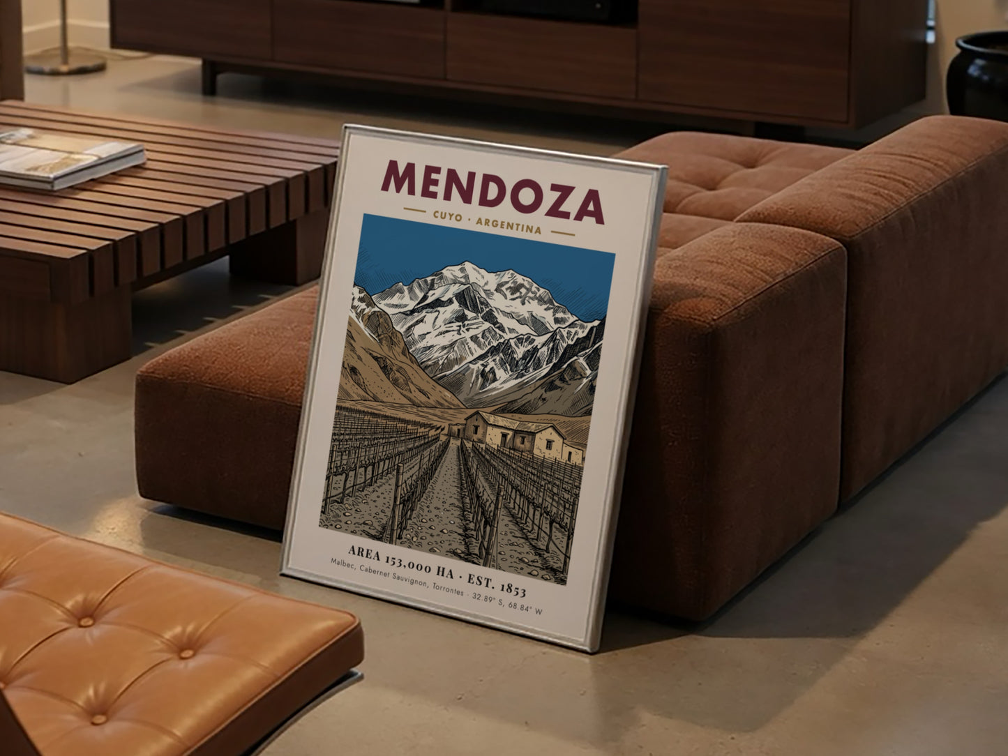 Poster of the Mendoza wine region in Argentina with mountains and vineyard rows