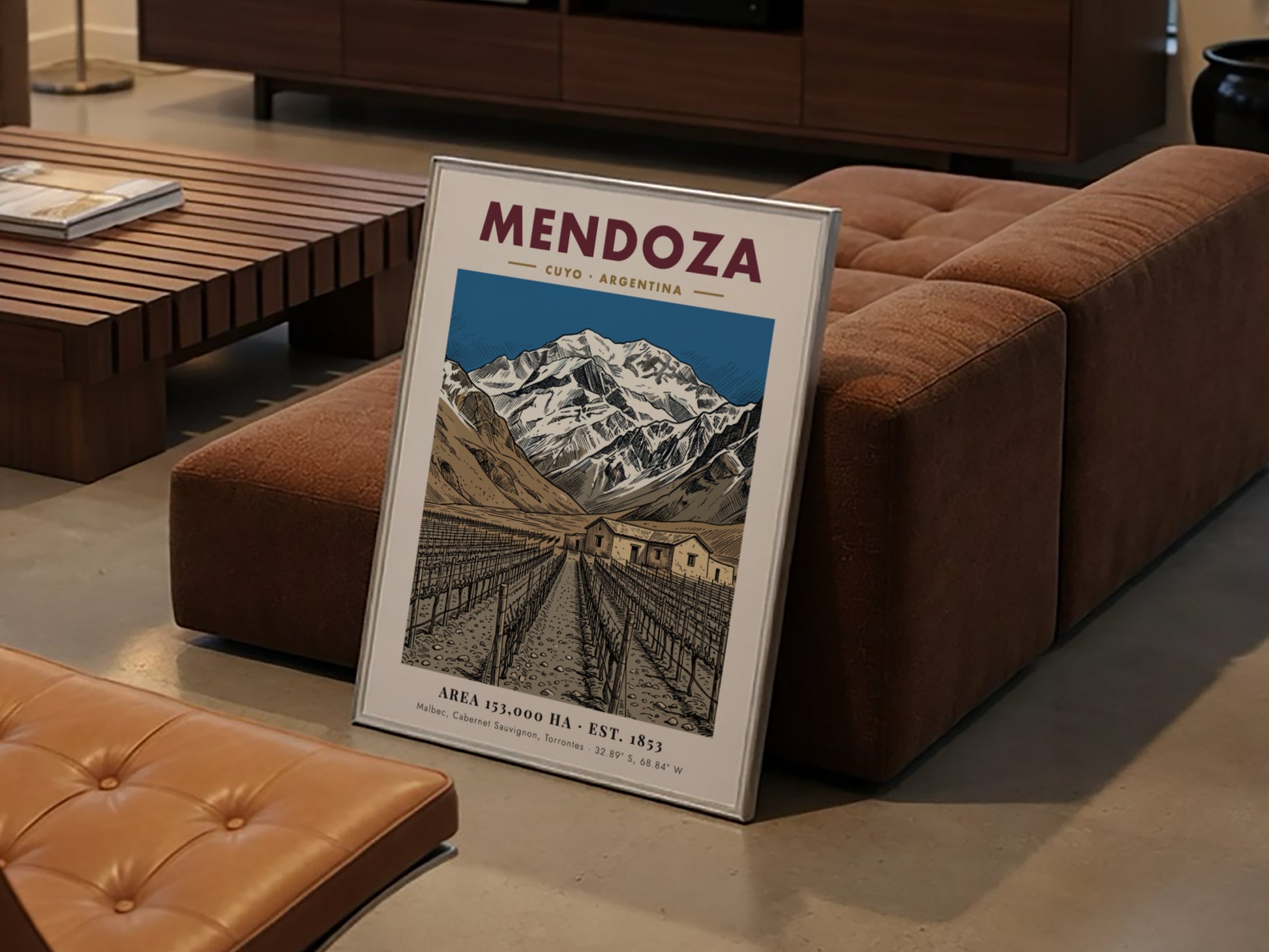 Poster of the Mendoza wine region in Argentina with mountains and vineyard rows