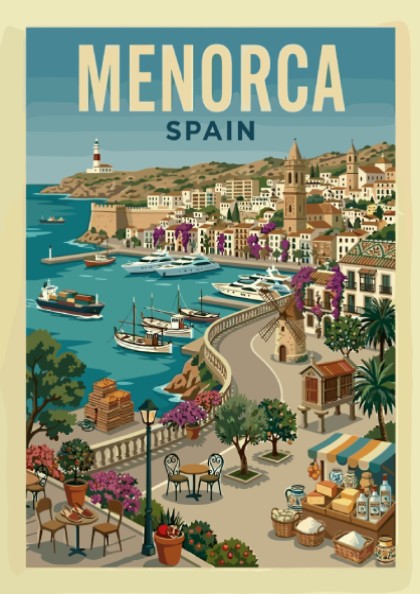 Vintage Menorca Harbor travel poster with sailboats, whitewashed buildings, and a lighthouse.