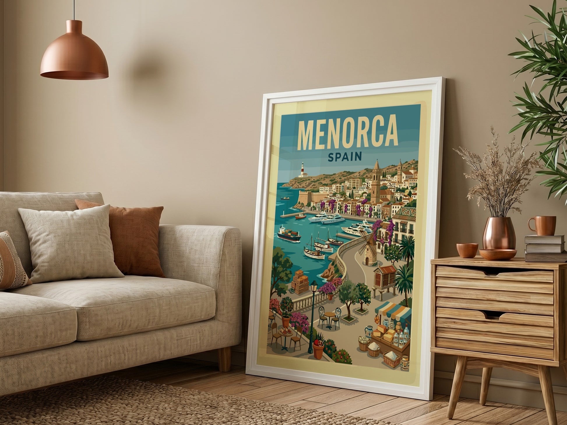 Vintage Menorca Harbor travel poster with sailboats, whitewashed buildings, and a lighthouse.