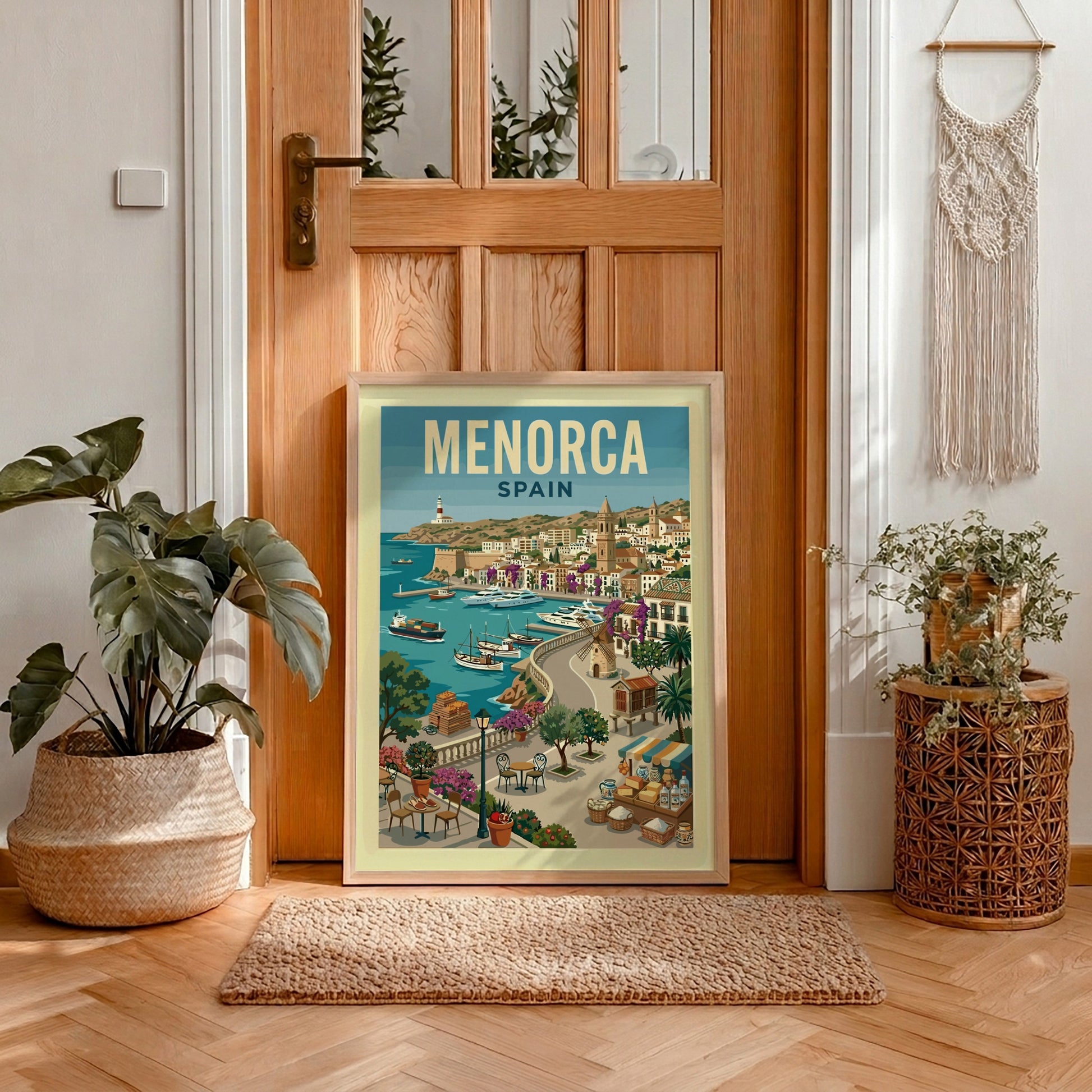 Vintage Menorca Harbor travel poster with sailboats, whitewashed buildings, and a lighthouse.