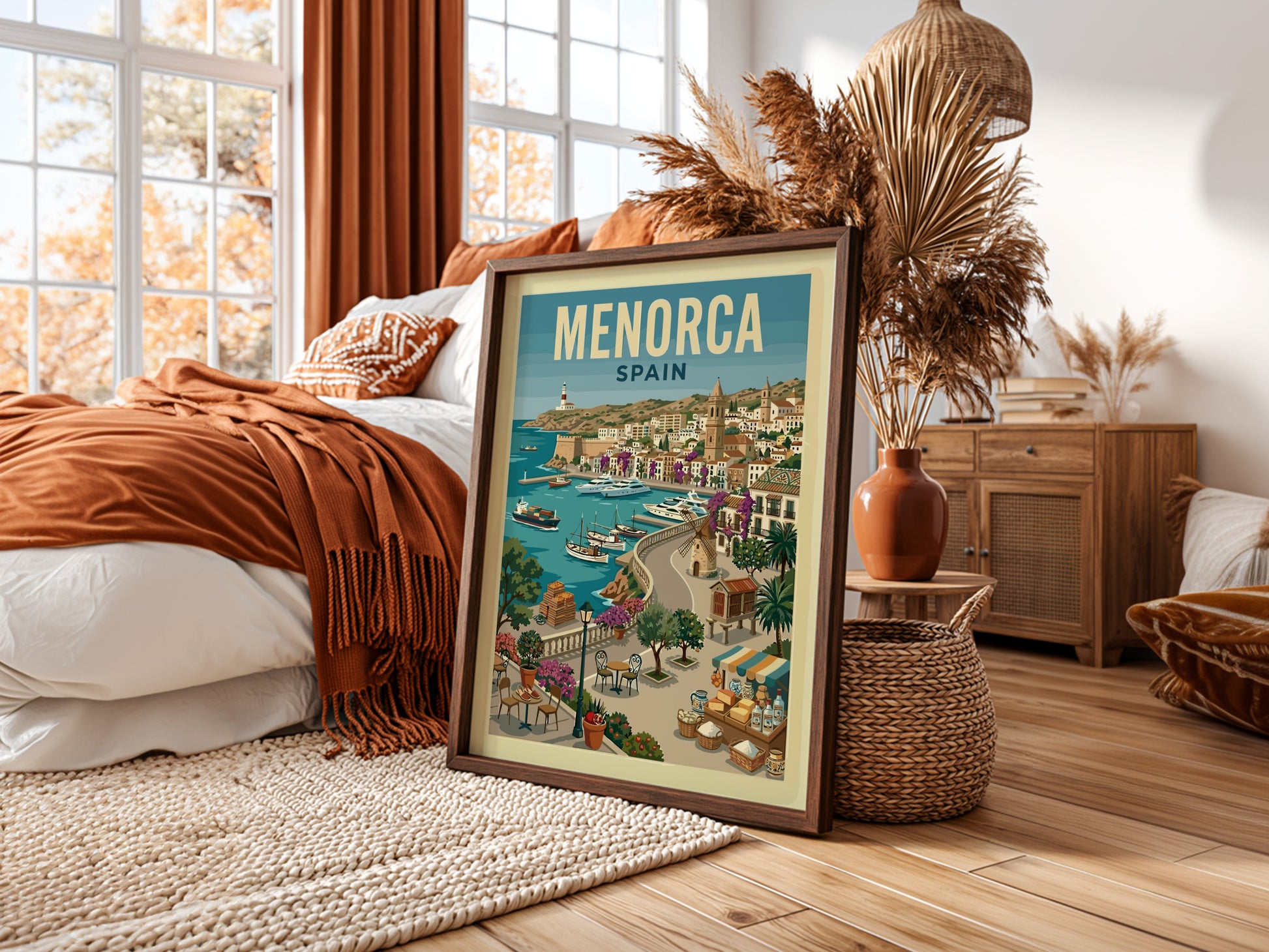 Vintage Menorca Harbor travel poster with sailboats, whitewashed buildings, and a lighthouse.