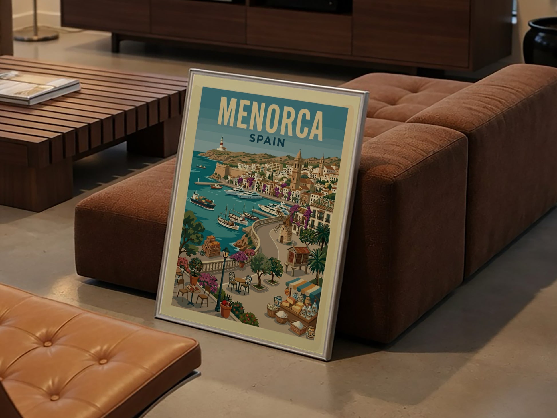 Vintage Menorca Harbor travel poster with sailboats, whitewashed buildings, and a lighthouse.