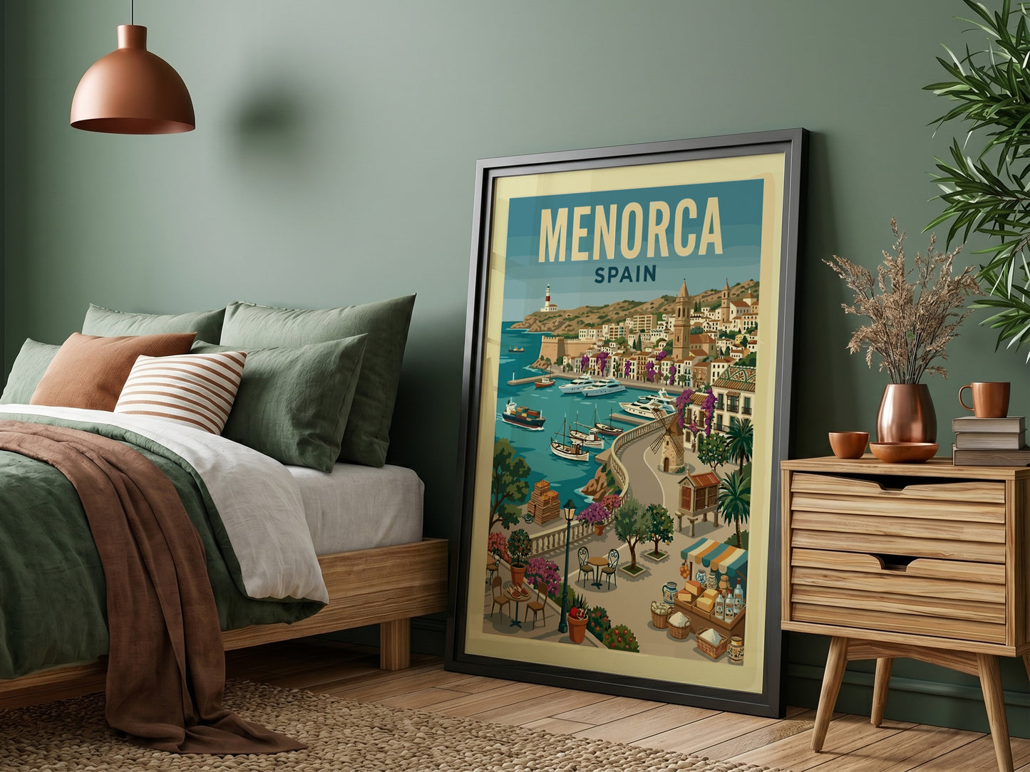 Vintage Menorca Harbor travel poster with sailboats, whitewashed buildings, and a lighthouse.