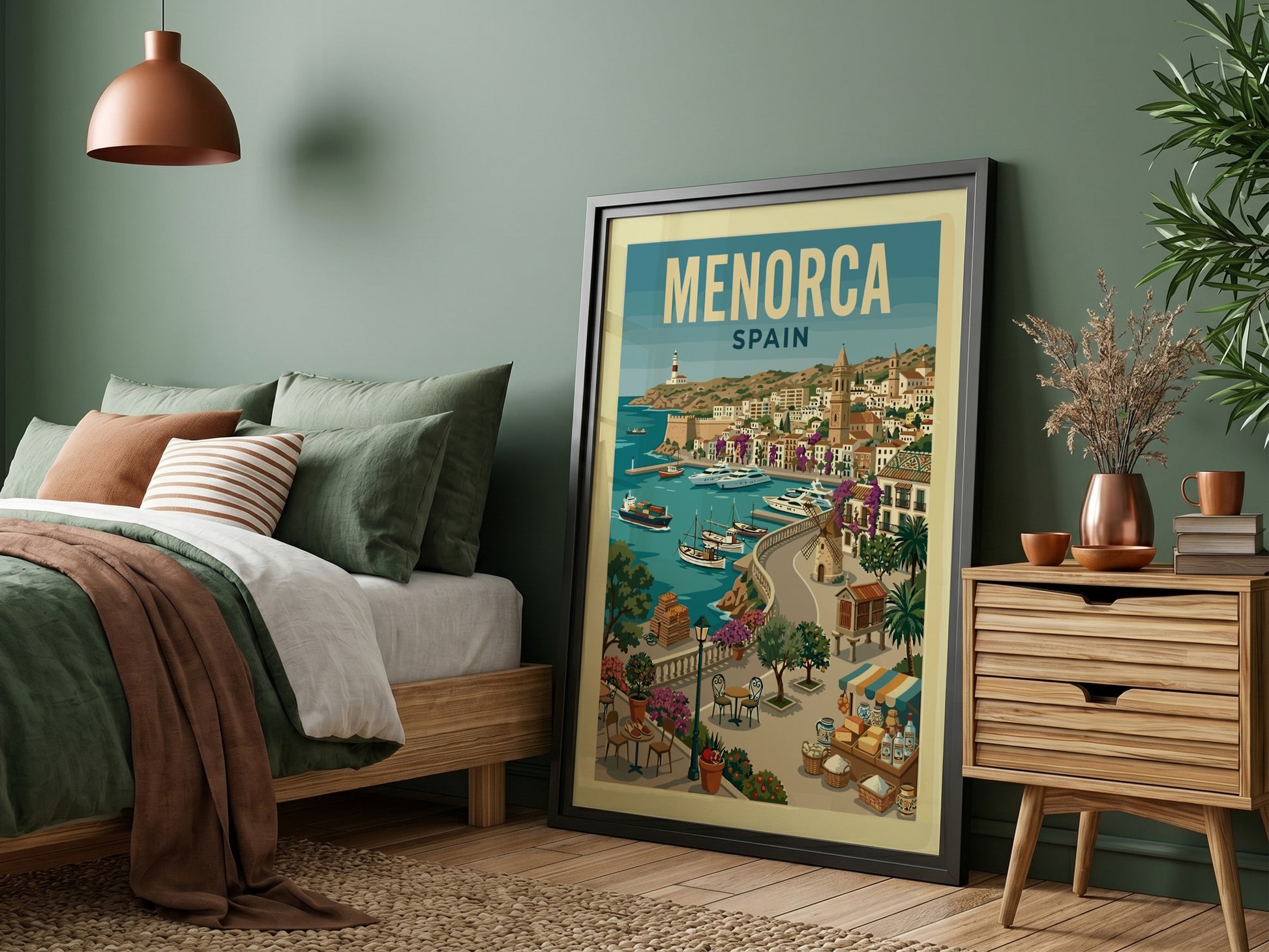 Vintage Menorca Harbor travel poster with sailboats, whitewashed buildings, and a lighthouse.
