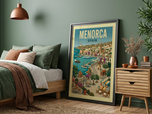 Vintage Menorca Harbor travel poster with sailboats, whitewashed buildings, and a lighthouse.