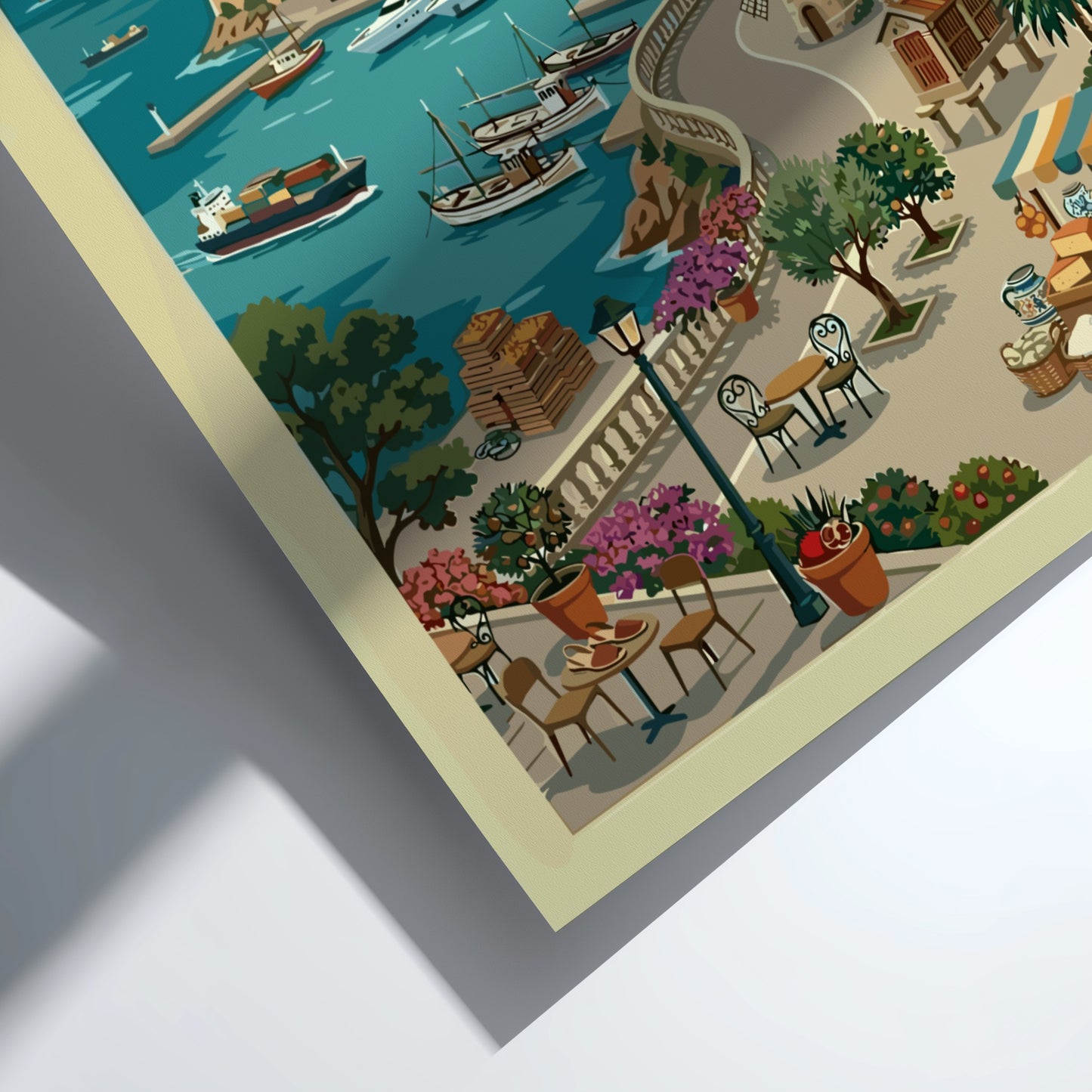 Vintage Menorca Harbor travel poster with sailboats, whitewashed buildings, and a lighthouse.
