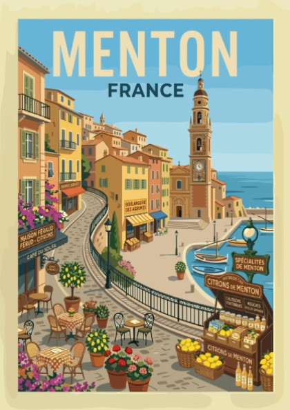 Vintage travel poster of Menton, France, featuring colourful buildings and a harbour scene.