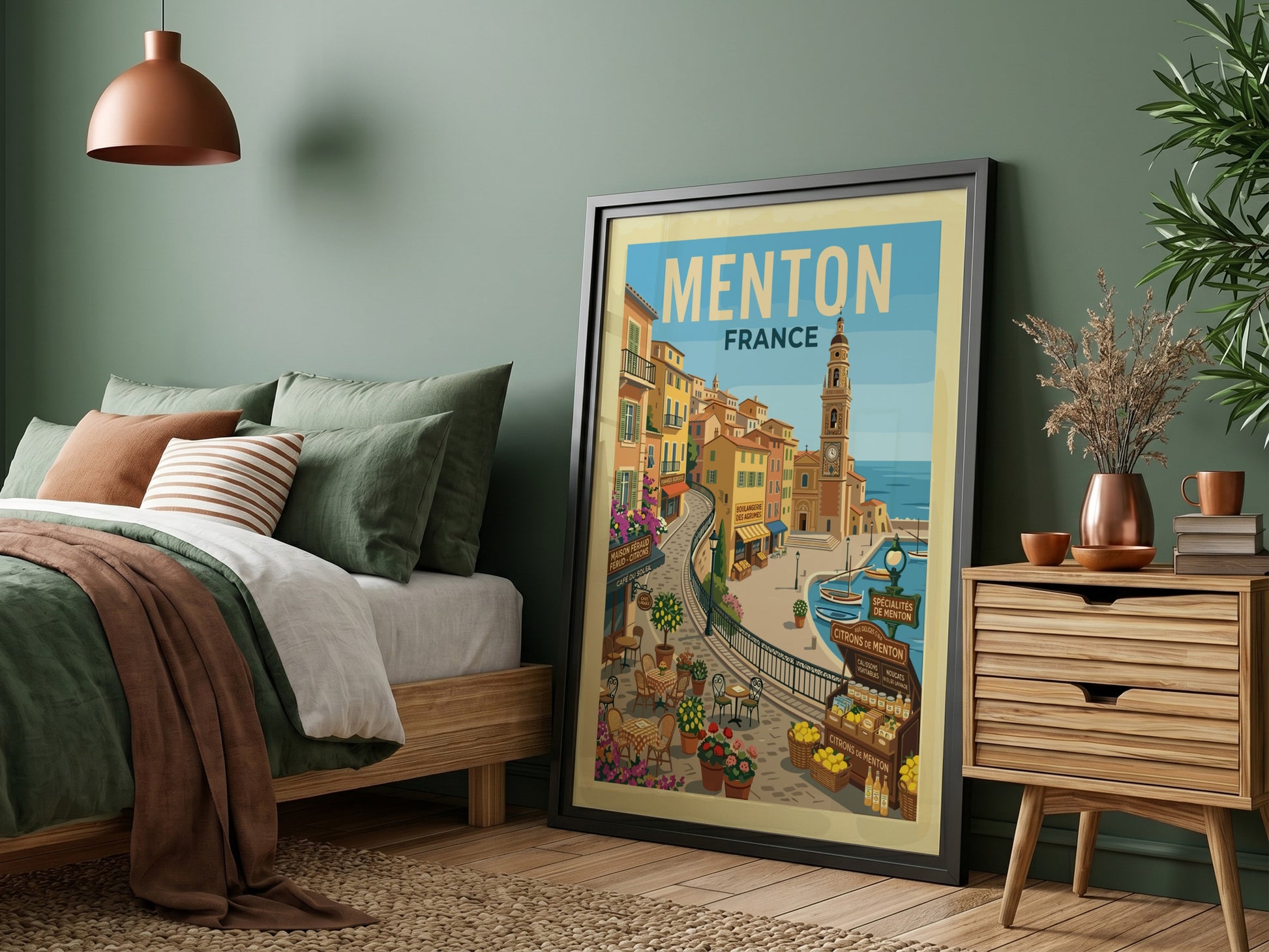 Vintage travel poster of Menton, France, featuring colourful buildings and a harbour scene.