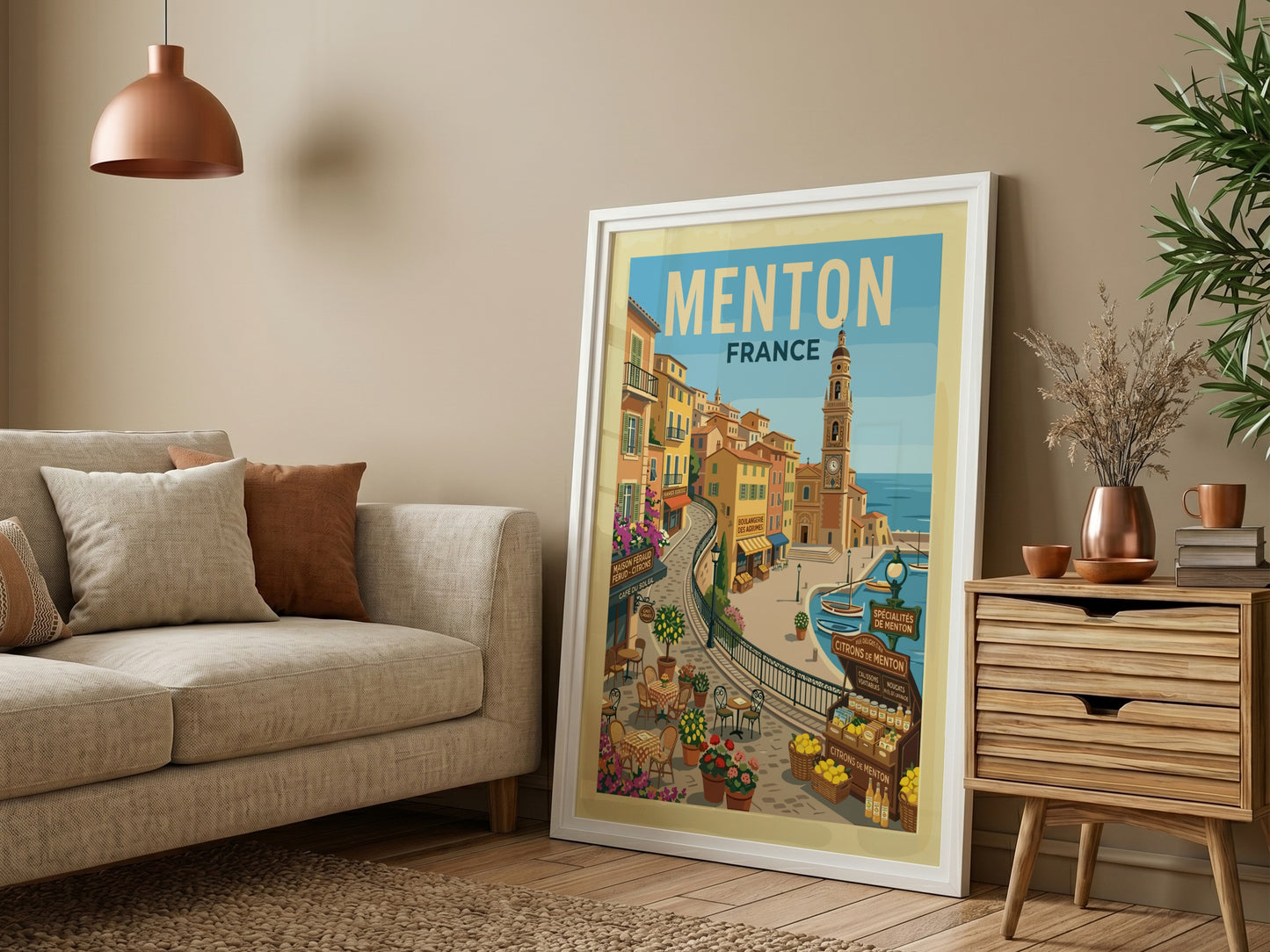 Vintage travel poster of Menton, France, featuring colourful buildings and a harbour scene.