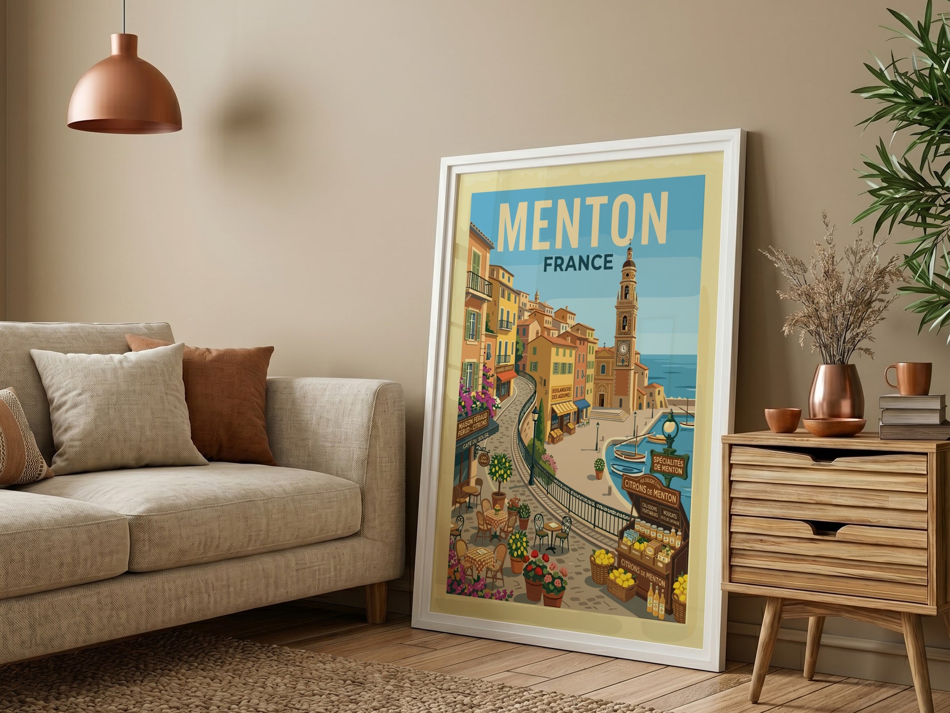 Vintage travel poster of Menton, France, featuring colourful buildings and a harbour scene.