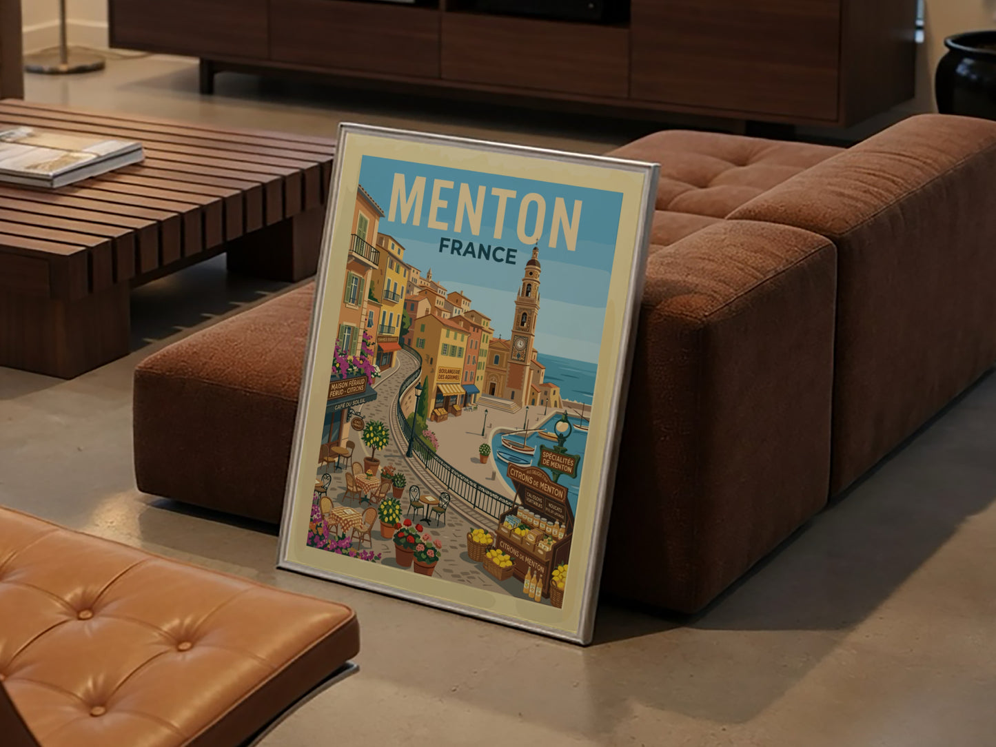 Vintage travel poster of Menton, France, featuring colourful buildings and a harbour scene.
