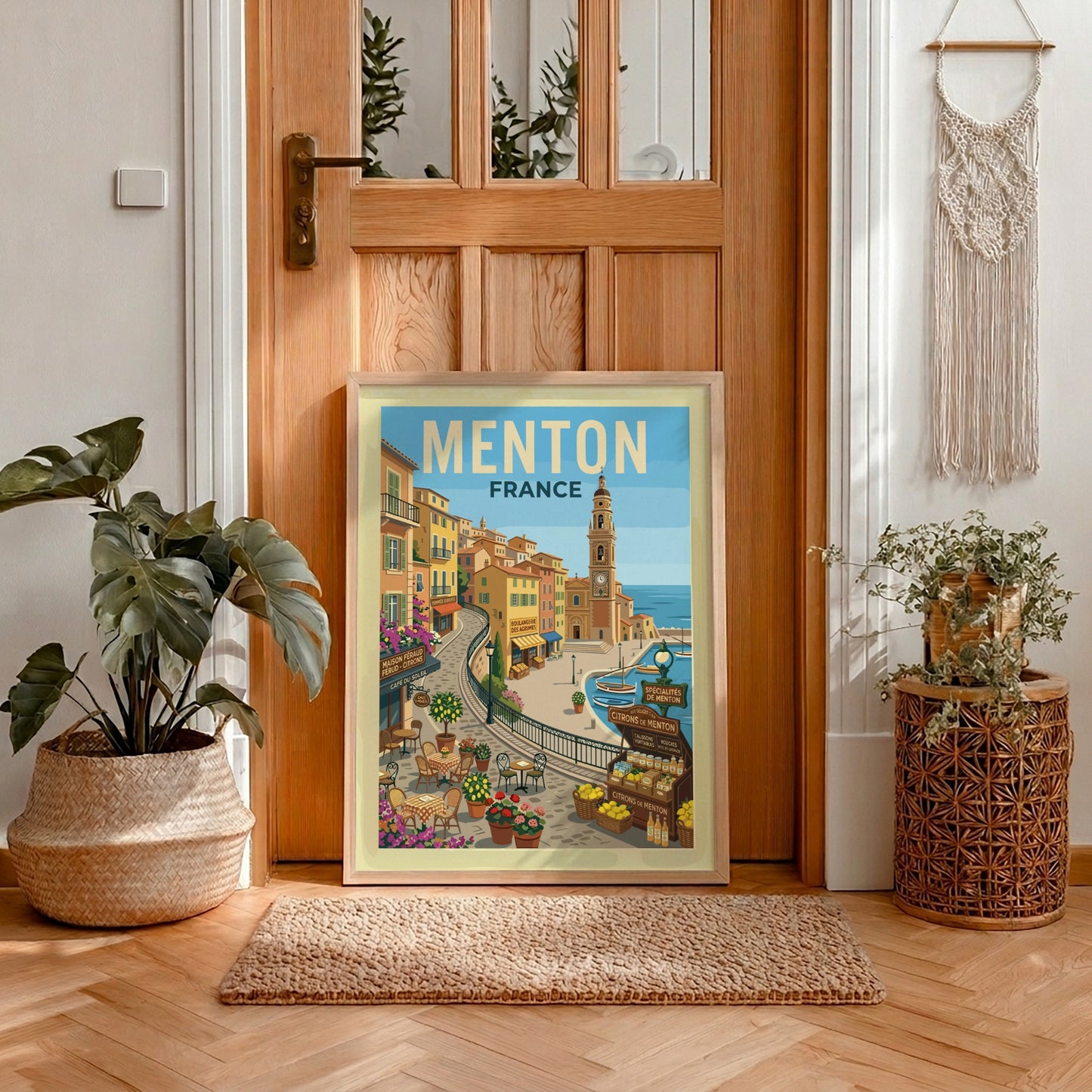 Vintage travel poster of Menton, France, featuring colourful buildings and a harbour scene.