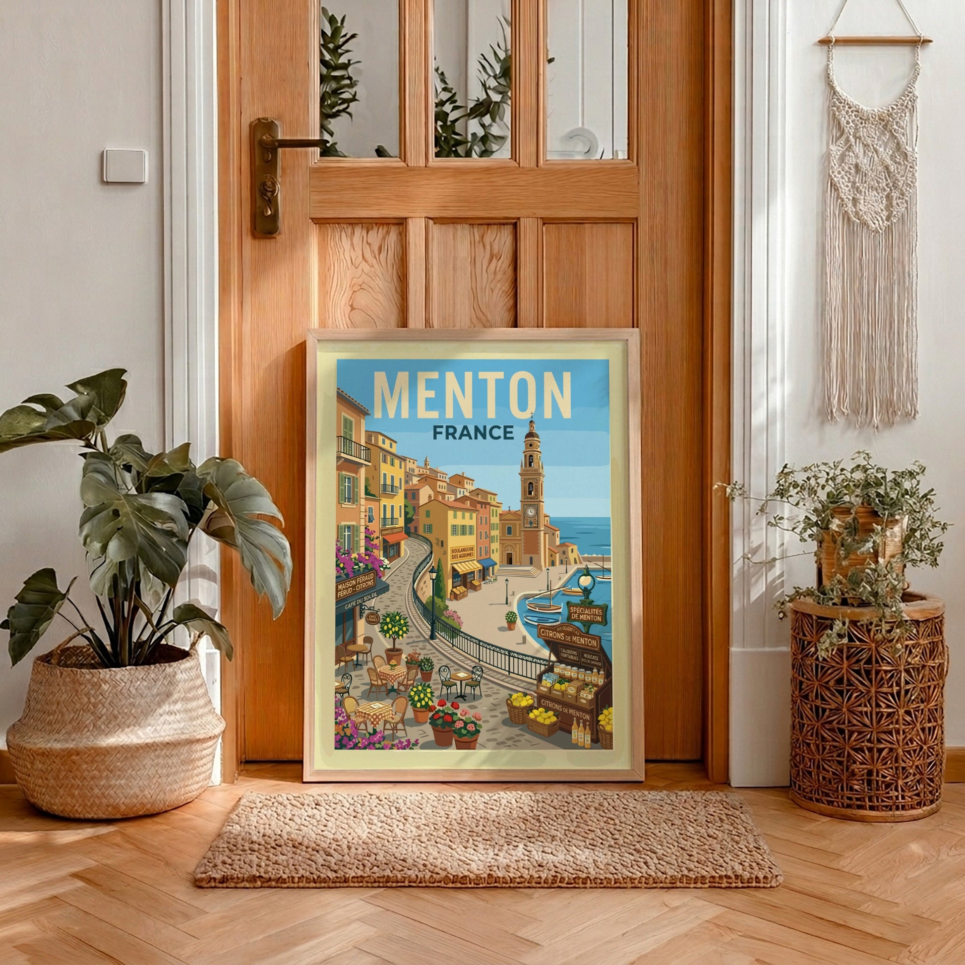 Vintage travel poster of Menton, France, featuring colourful buildings and a harbour scene.