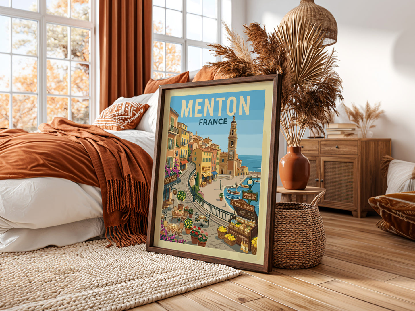 Vintage travel poster of Menton, France, featuring colourful buildings and a harbour scene.