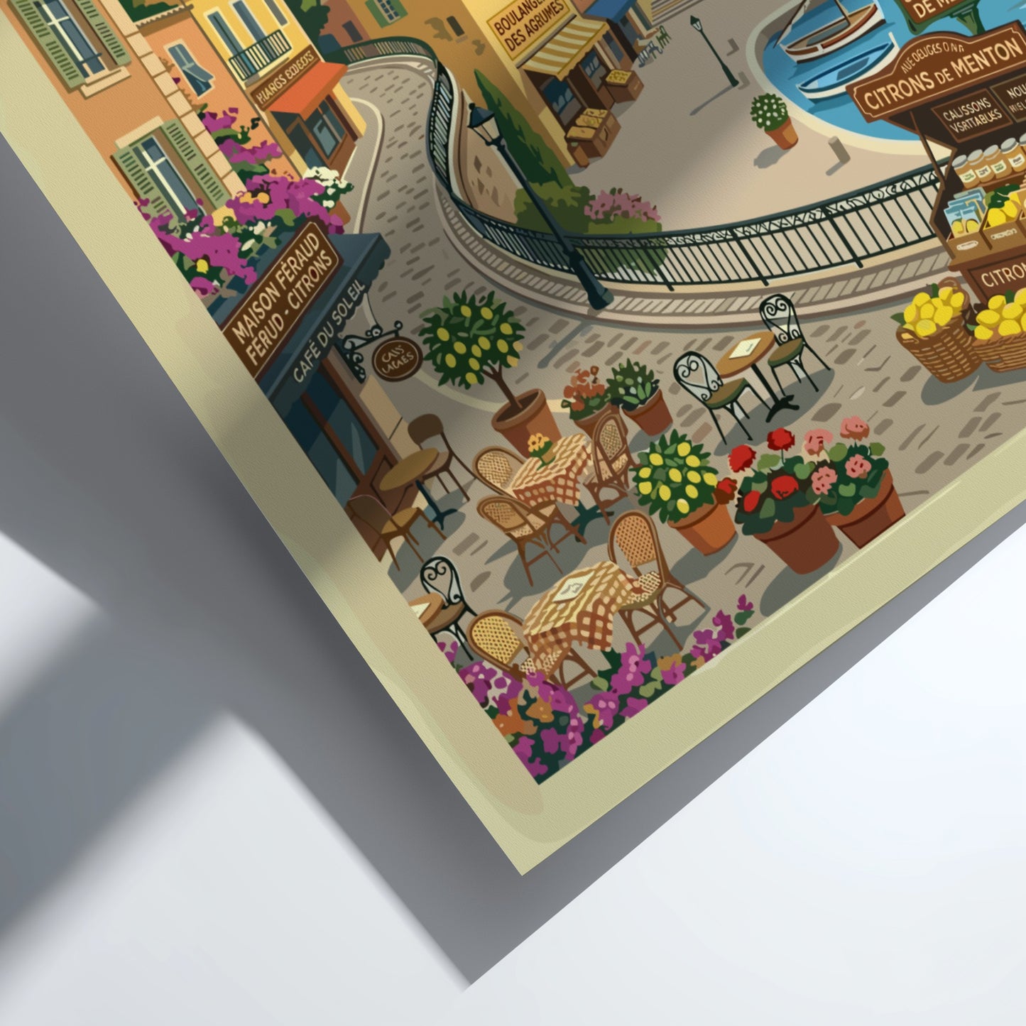 Vintage travel poster of Menton, France, featuring colourful buildings and a harbour scene.