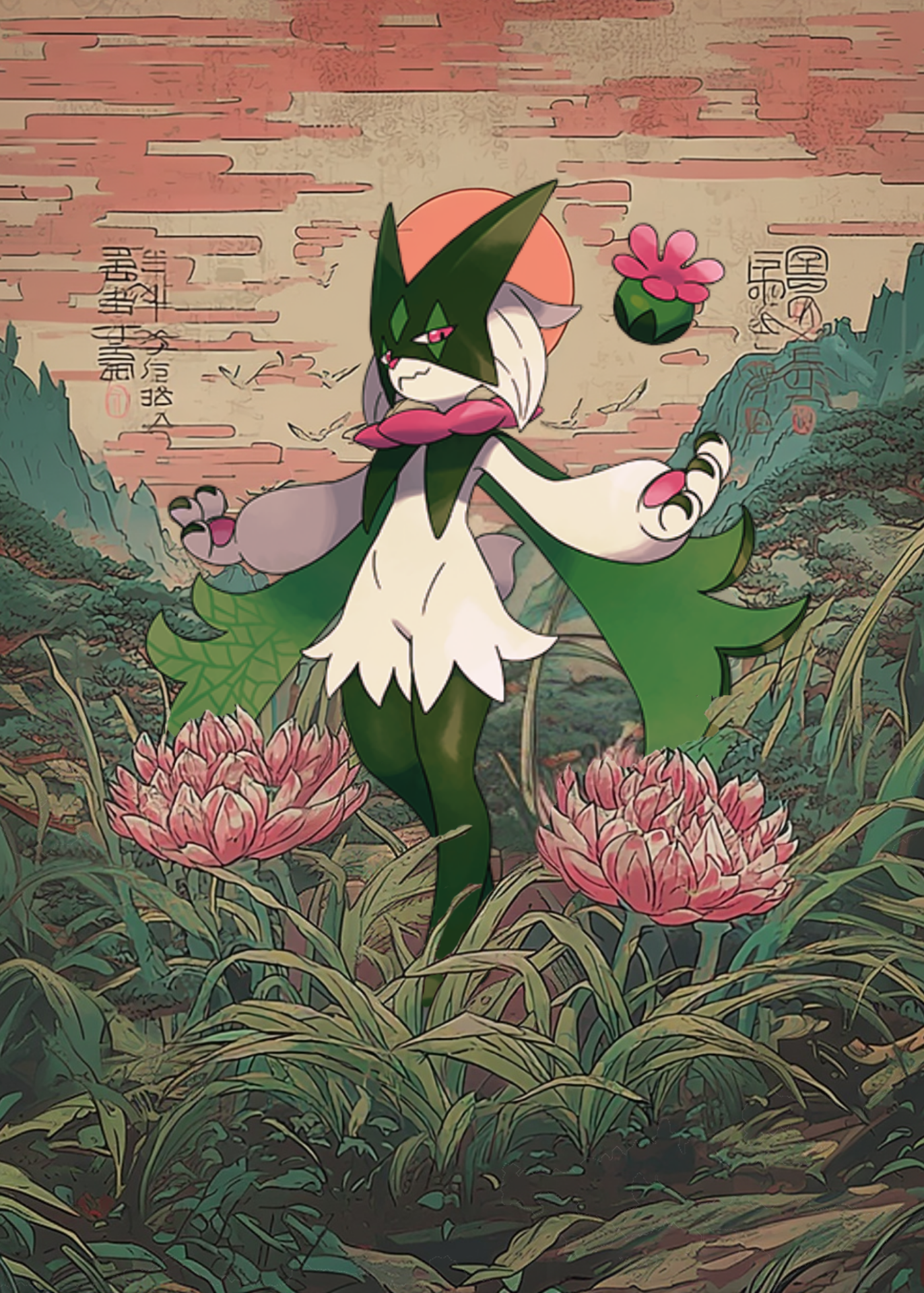 Meowscarada Pokemon character in a forest with pink flowers and a textured background